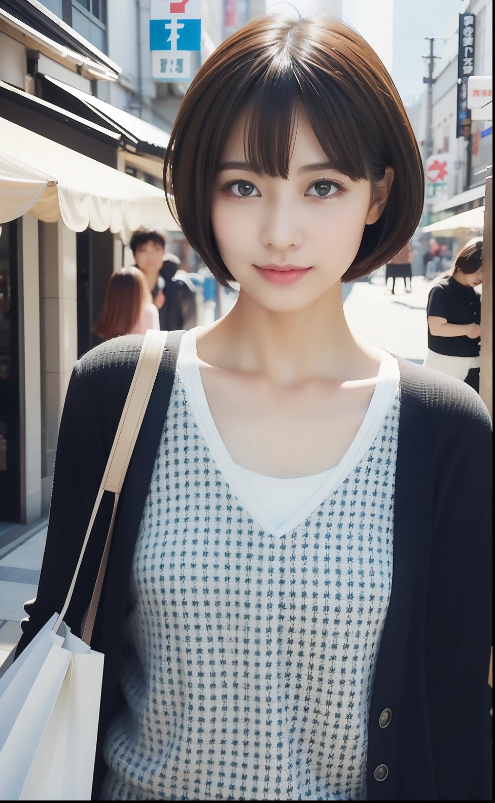 Cute Japan woman in short cut shopping in spring new fashion、Stylish cityscape、Photorealsitic、Beautiful detailed eyes、Hyper-Realism、highcontrast、Ultra HD、realistic skin textures、Top image quality、top-quality、超A high resolution、Fine details、Very meticulously