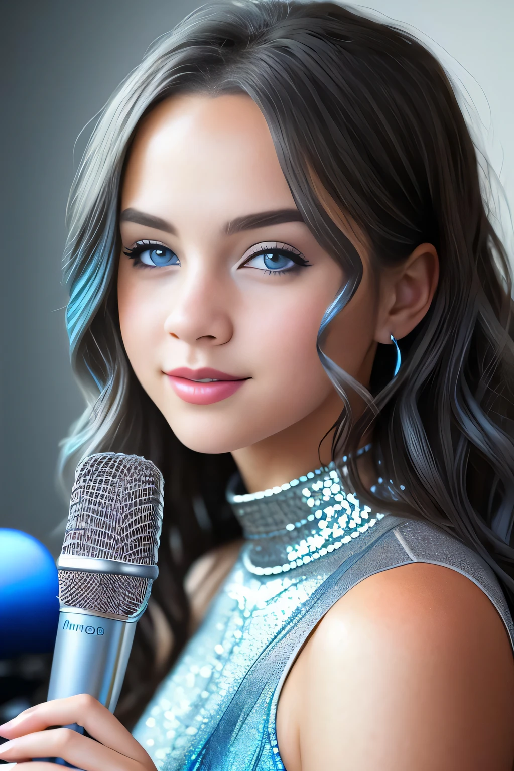 GracieKASMR Masterpiece, high quality, 4K, beautiful design, shiny, from the front, award winning photo, extremely detailed, amazing, fine detail, absurdres, highly detailed honeygold, extremely detailed eyes and face, by lee jeffries nikon d850 film stock photograph 4 kodak portra 400 camera f1.6 lens rich colors hyper realistic lifelike texture dramatic lighting unrealengine trending on artstation cinestill 800 tungsten, 1girl, solo, expressive look, (smiling seductively,puffy lips,) HDR, highest quality, sexy dress, sharp focus, looking at viewer, facing viewer, 4k,emerald green eyes beautifully detailed,a woman in a (((silver and blue))) dress standing in front of a microphone