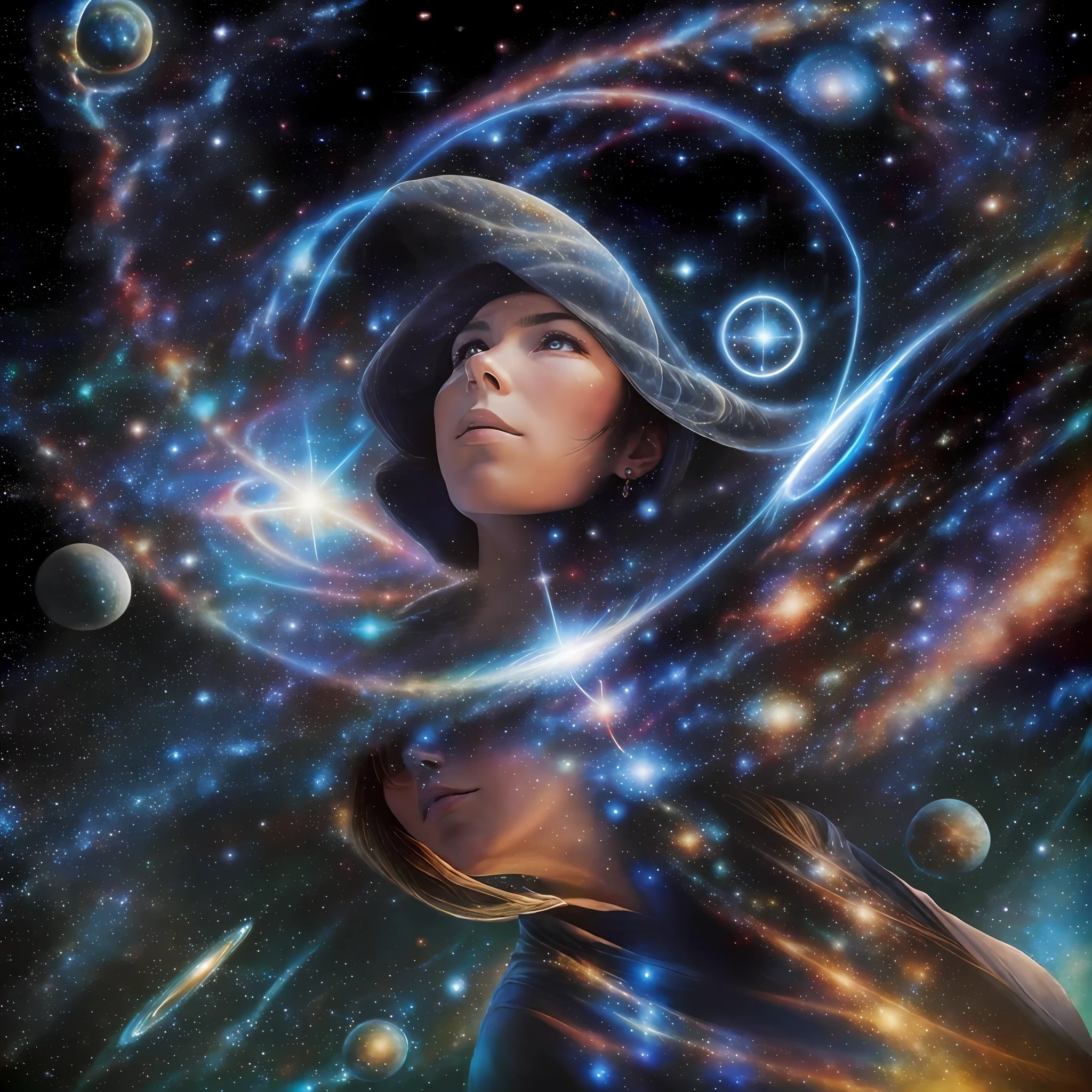 God gigantic man guardian angel of the galaxies, wrapped in a blue and gold veil atop the constellation of Orion in front of a spiral vortex with a background of galaxies, magic portal in the sky, Brilliant magical time portal, altamente detalhada em 32k, hiper detalhado, hyper sharp, hiper realista, hiper intrincado, estilo foto realismo
