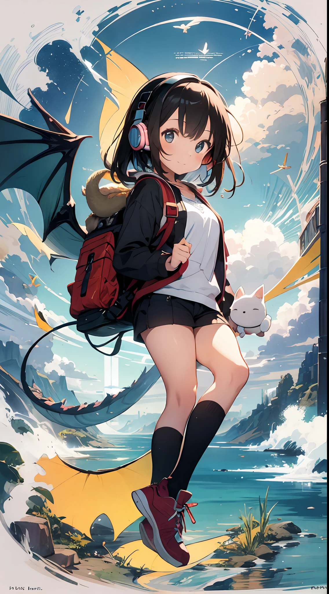 She created an amazing image of a girl who dreams of flying in the sky with her pet dragon. The images have a colorful and whimsical atmosphere, And the girl and the dragon look very happy and free. The image has、There are also details that indicate the character and hobbies of the girl, Her headphones and more, Her backpack, and her sketchbook. The image impressed the judges and readers with its originality and creativity.