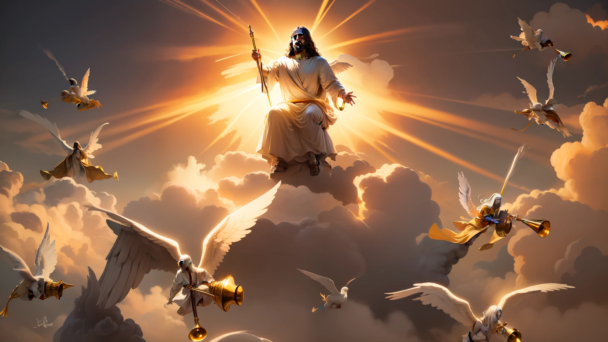 Jesus sentado em seu trono dourado sobre nuvens com cor de fogo. And beside him angels flying through the heavens blowing trumpets