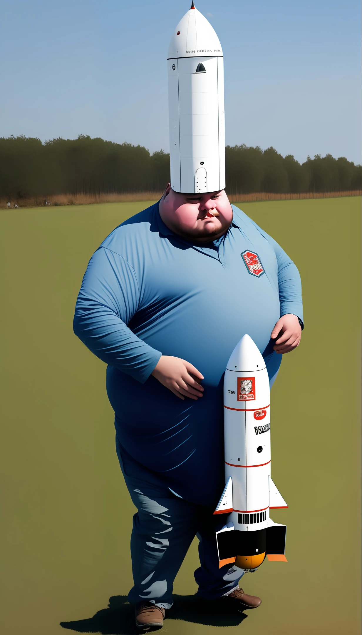 Fat hairy bald on top of a rocket