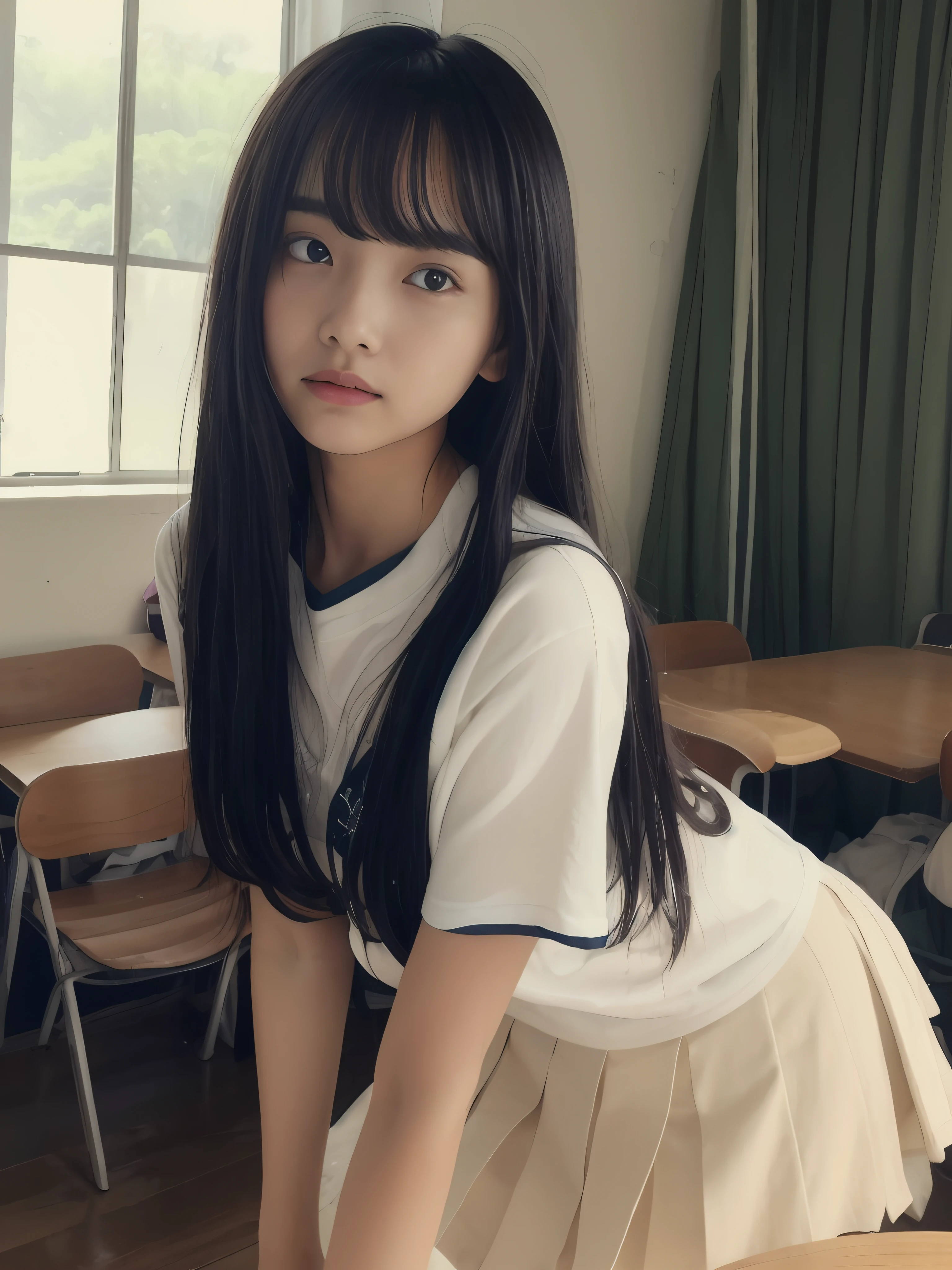 schoolgirl in school uniform、extremely realistic photographs、young japanese girl、Girl in school uniform、Thin white t-shirt、thin skirt、Girls who endure the heat、Young features、Sweat running down the nape of the neck、Drops of sweat dripping from the chin、Glistening sweat on wet arms and thighs、Slender thighs, Liquid wet arms and face、Joints are wet with sweat、Clothes stuck to sweat、There is a small puddle of sweat between the chair and the thigh of the foot、Sweat running down the inside of the skirt、Between the inner thighs、There is atmospheric convection like boiling、For close contact between chair and thigh、I feel like I'll squeeze it later、Sweat oozing from the shadows of clothes、Slender limbs、small tits、A dark-haired、Bangs clinging to sweat、Armpit sweat stains、Clothes are damp with sweat underneath、The skirt is damp from sweat on the inside of the skirt、Sunlight is shining in、Sweat slightly oozes on the skin、Teenage skin、Fine-grained skin、Clothes stuck to sweat、Sweat running down the inside of the thigh、Realistic skin、summer day、Wind blowing through the window at the back of the screen、Hair swaying in the wind、T-shirt swaying in the wind、Skirt movement swaying in the wind