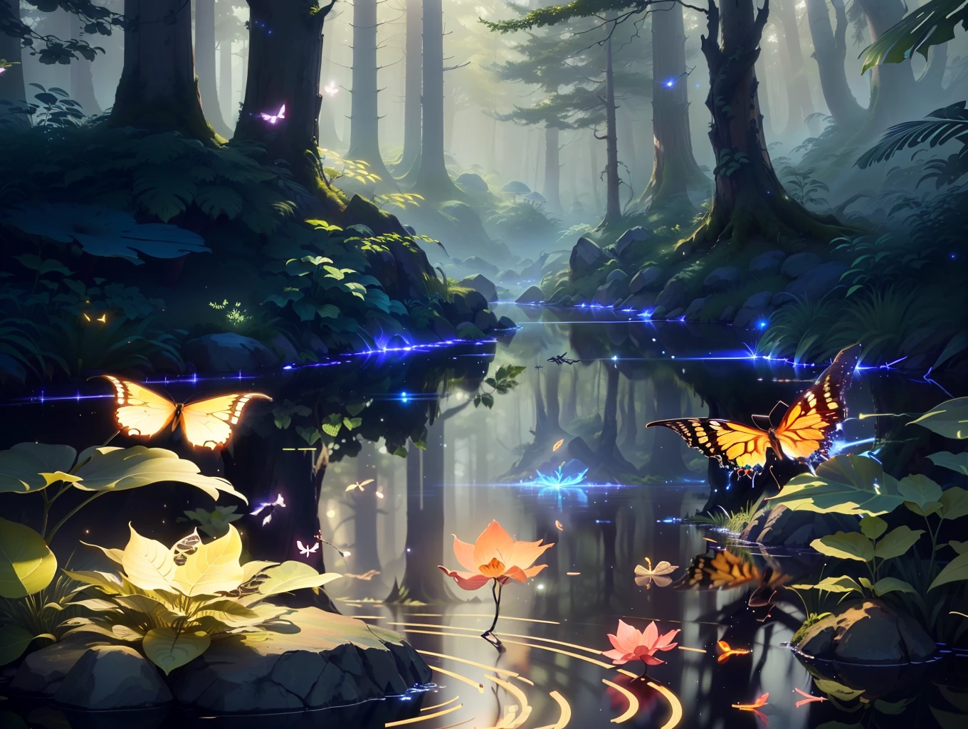 tmasterpiece，Best quality at best，Extremely beautiful reflection，The best reflections。（Very detailed CG unity 8k wallpaper），（Best quality at best），（The best illustrations），（The best shadow），Forest theme with natural elements。Tall trees，quiet streams，Glowing small mushrooms，Giantess，surrounded by exquisite leaves and branches，There are also fireflies and glowing particle effects，，（nature elements），（Jungle theme），（foliage），（tree branch），（glowworm），butterflys，（exquisite leaves），（with light glowing），（particle effect）。 , isometric 3D, Octane rendering, Ray traching, ultra-detailliert