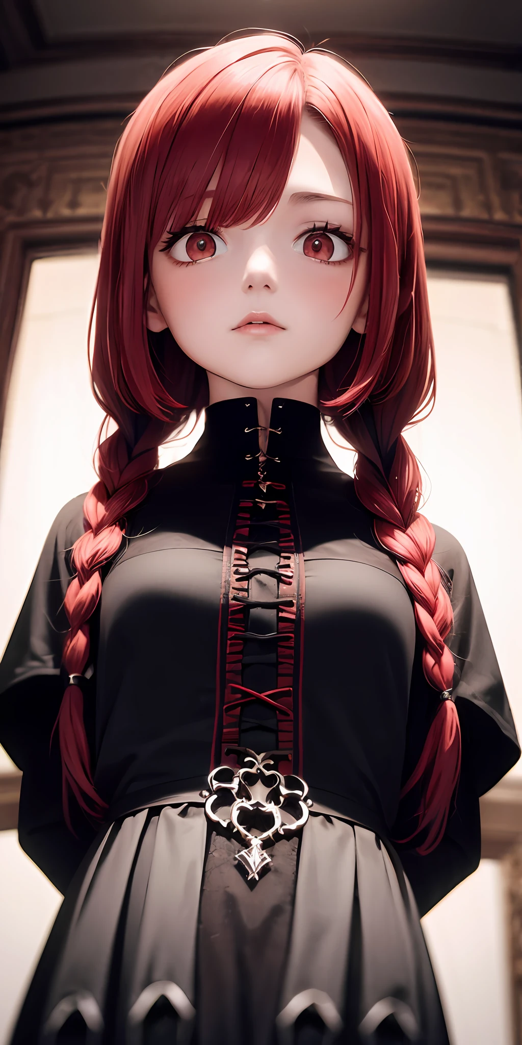 best quality, masterpiece,red hair, red eyes,black clothes, gothic dress, looking down, upper body,hair strand,Fair skin,side braids, noble, superior
