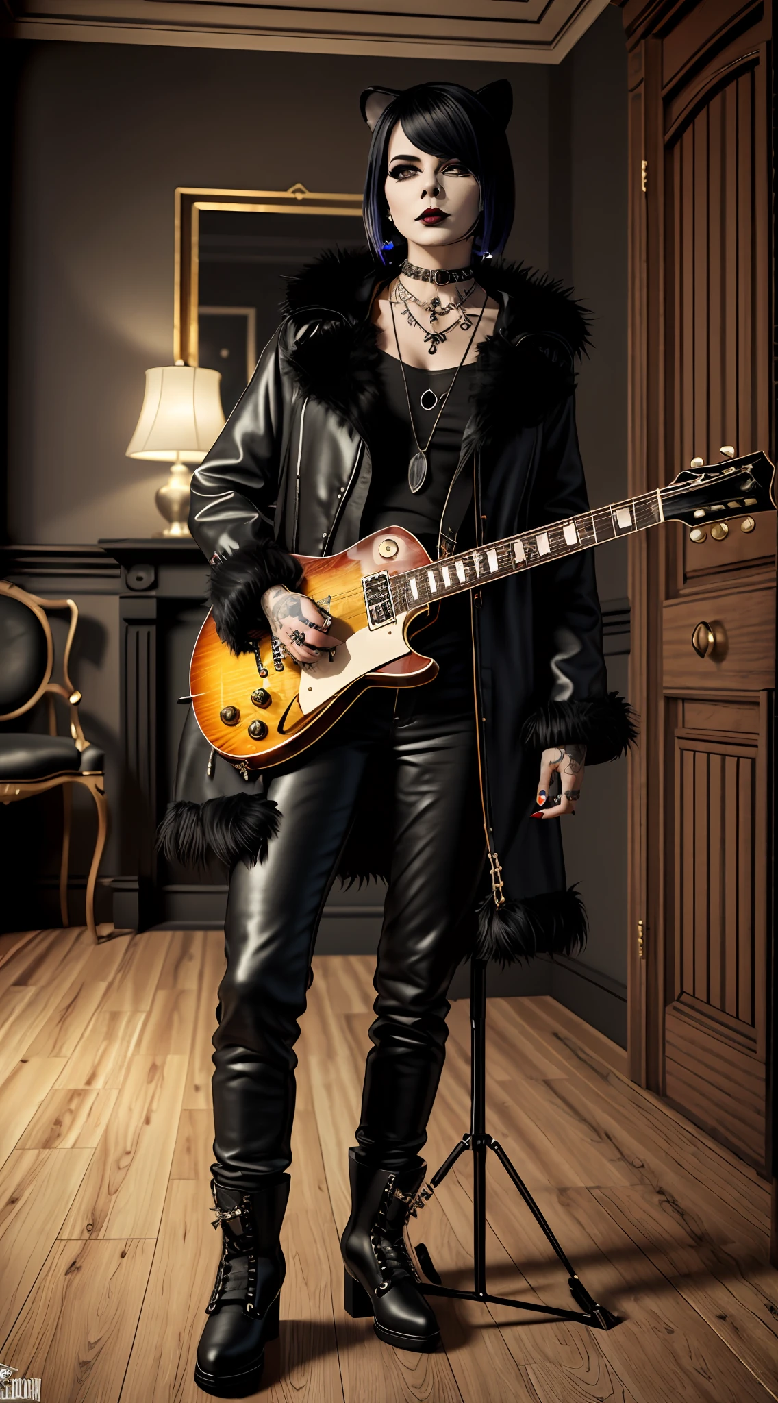 Photorealistic, real, final render, realistic, palegothic girl, guitar gibson les paul guitar stand on floor next to her, piercings, tattoos, baggy black trousers, trousers, eyeliner, black lipstick, straps, black furry coat, necklace, bracelets with spikes, collar, big boots with buckles, in a haunted mansion, horror, dark and dim
