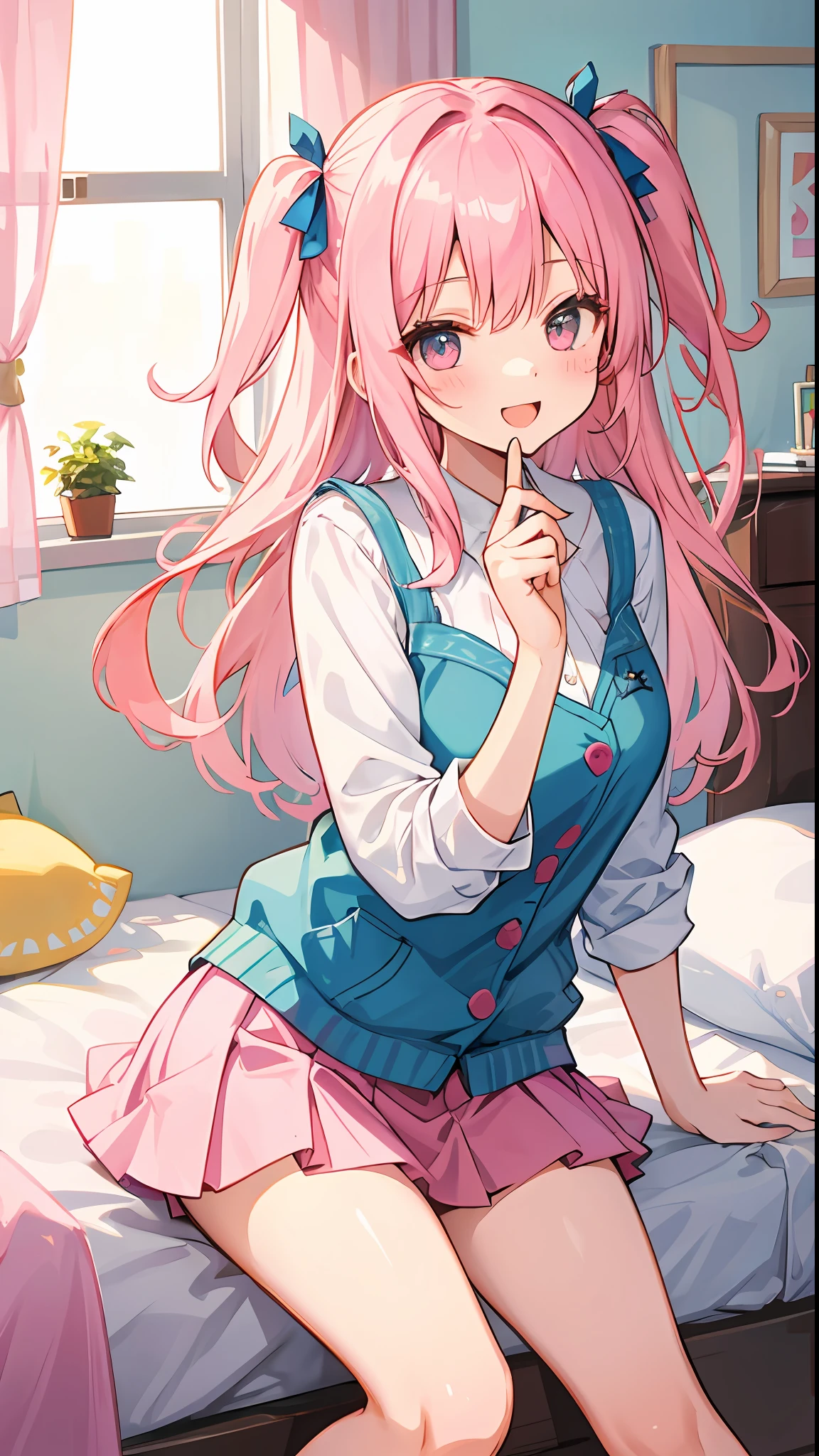 beautiful illustration, best quality, cute girl, bedroom, pink hair, happy, miniskirt, white blouse, two side up