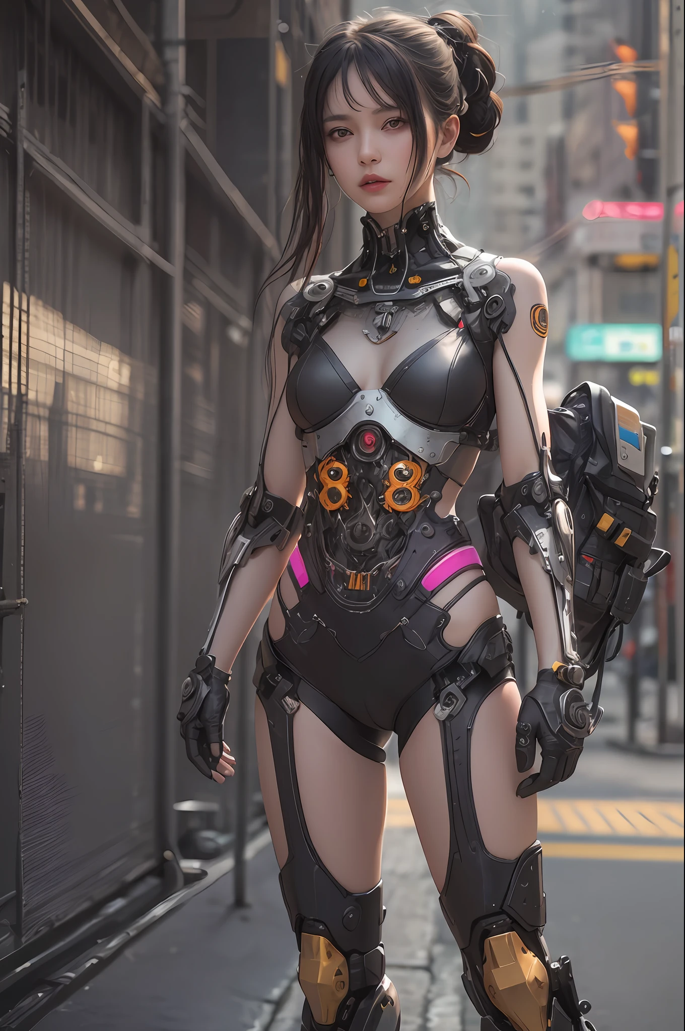 Top Quality, Masterpiece, Ultra High Resolution, (Photorealistic: 1.4), Raw Photo, 1 cyberpunk Girl, Glossy Skin, 1 Mechanical Girl, (Ultra Realistic Detail)), (((Full body shot))), Global Illumination, Contrast, Shadows, Octane Rendering, 8K, Ultra Sharp, Raw Skin, Metal, Intricate Ornament Details, Japan Details, Very intricate details, realistic light, CGSoation trend, facing the camera, neon details, mechanical limbs, blood vessels connected to the tube, mechanical vertebrae attached to the back, mechanical cervical attachment to the neck, wires and cables connecting to the head, gundam, small LED lamps.