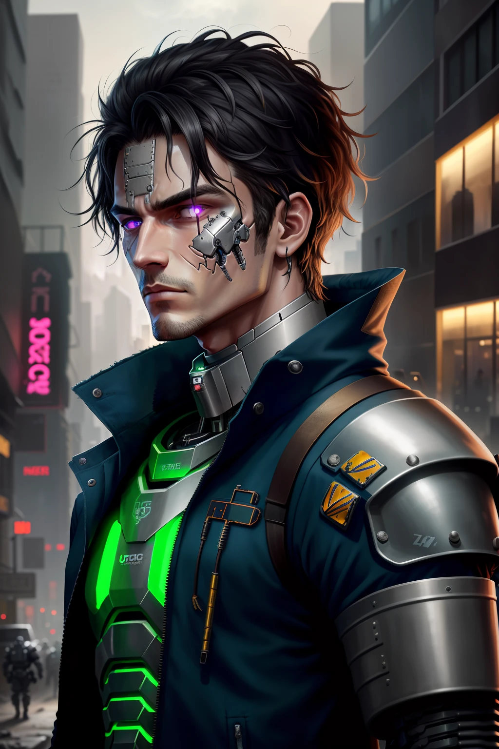Epic digital art portrait of a futuristic battle cyborg in a dystopian city. Intricate metallic and cybernetic components make up half of his face and body revealing inner glow of technology. His human eye gazes intensely amid strands of messy black hair. He wears urban armor plating on one arm and shoulder over a ragged coat. Dramatic lighting creates glinting highlights on the metal bits and accentuates the grimy textures of cloth and skin.