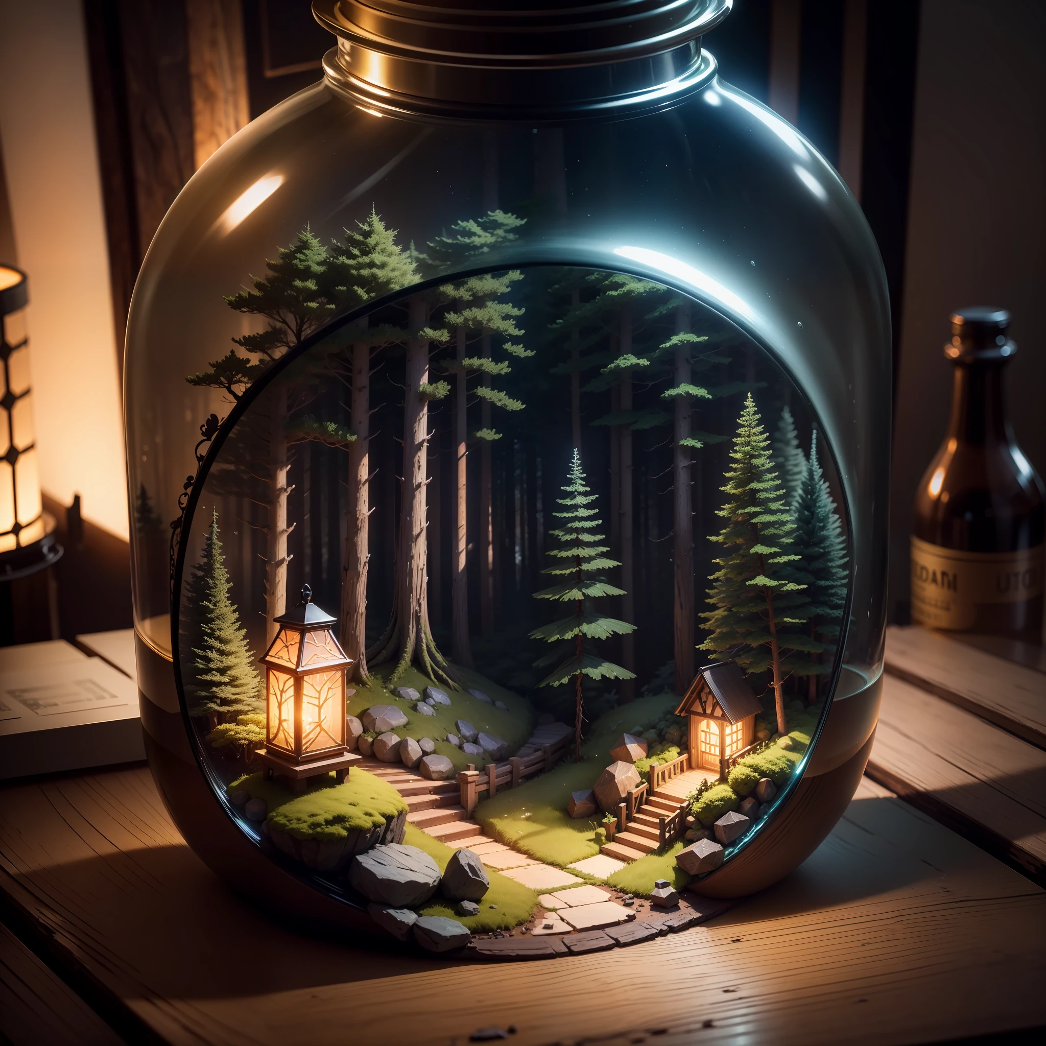 (An intricate forest minitown landscape trapped in a bottle), atmospheric oliva lighting, on the table, 4k UHD, dark vibes, hyper detailed, vibrant colours forest background, epic composition, octane render, sharp focus, high resolution isometric --auto