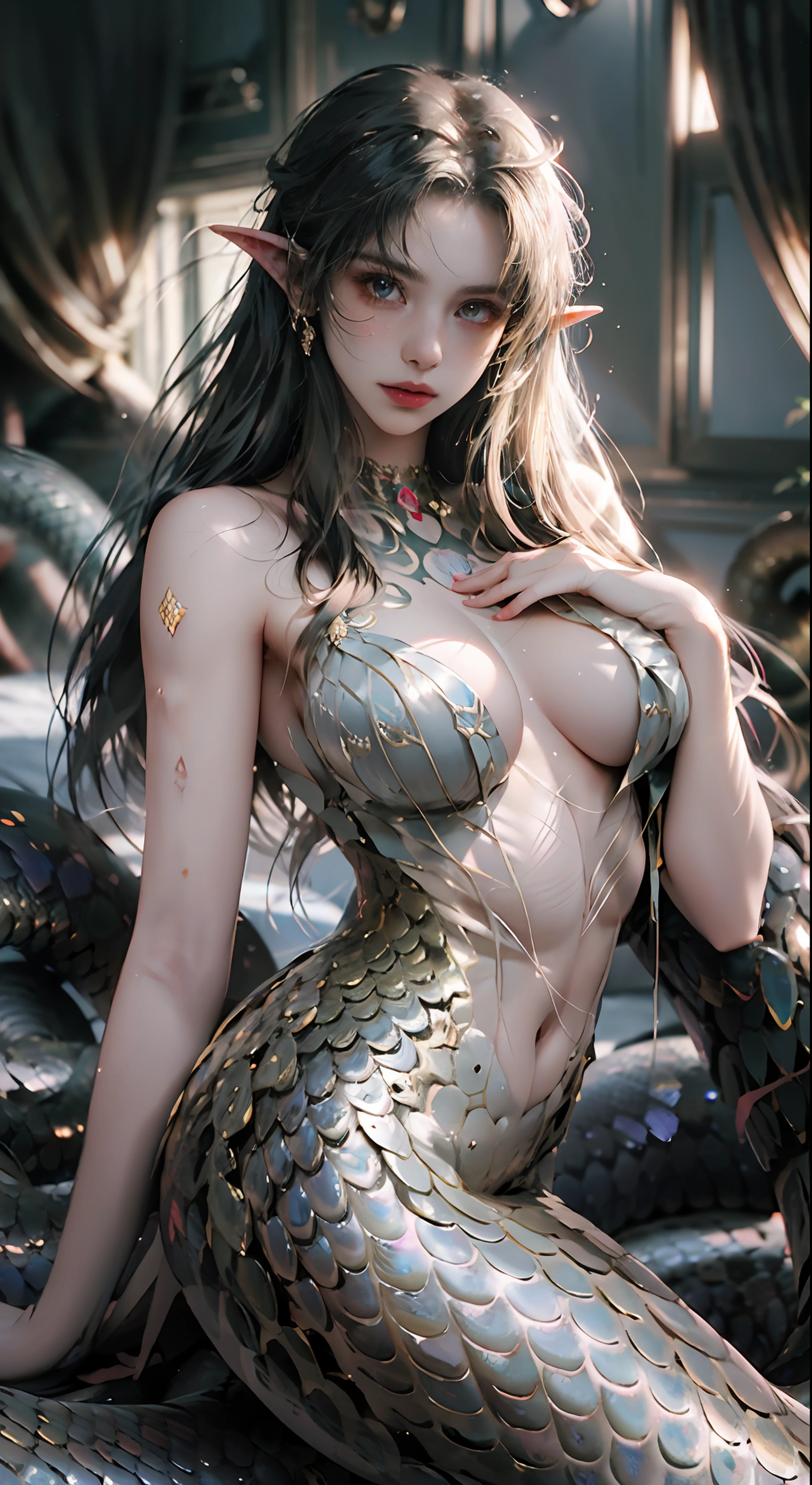 Dark environment,On the bed lay an elven beauty covered in golden scales,(mermaid:1.2), (Snake tail:1.3),8K UHD,RAW photo,(Python pattern),(snake man),(Crystal clear scales)golden colored,(Real Human:1.3),(A high resolution:1.4),(A detailed:1.5),(photorealestic:1.7),RAW photo,Portrait Photogram,Realistic scales,cabellos largos dorados,Skin is delicate and smooth,Full breasts,Bare body,Silk tulle coat,(Lamia),background is simple,RAW photo,超A high resolution,Foto realism,best qualtiy,(highdetailskin,skin detailed),Visible Pore,Shiny skin,tmasterpiece,finedetail,Colorization,Extremely Delicately Beautiful,Extremely detailed 8k wallpaper,8K high quality,Digital SLR,Snake man with beautiful details,(looking at viewert),professional photograph lighting,Faraway view,full bodyesbian