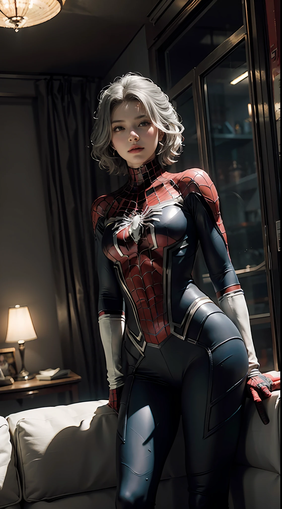 (Extreme Detail CG Unity 8K wallpaper, masterpiece, highest quality), (Exquisite lighting and shadow, highly dramatic picture, Cinematic lens effect), a girl in a white Spider-Man costume, silver gray hair color, from the Spider-Man parallel universe, Wenger, Marvel, Spider-Man, sitting on the couch, dynamic pose), (excellent detail, excellent lighting, wide angle), (excellent rendering, enough to stand out in its class), focus on white Spider-Man costumes, complex spider textures