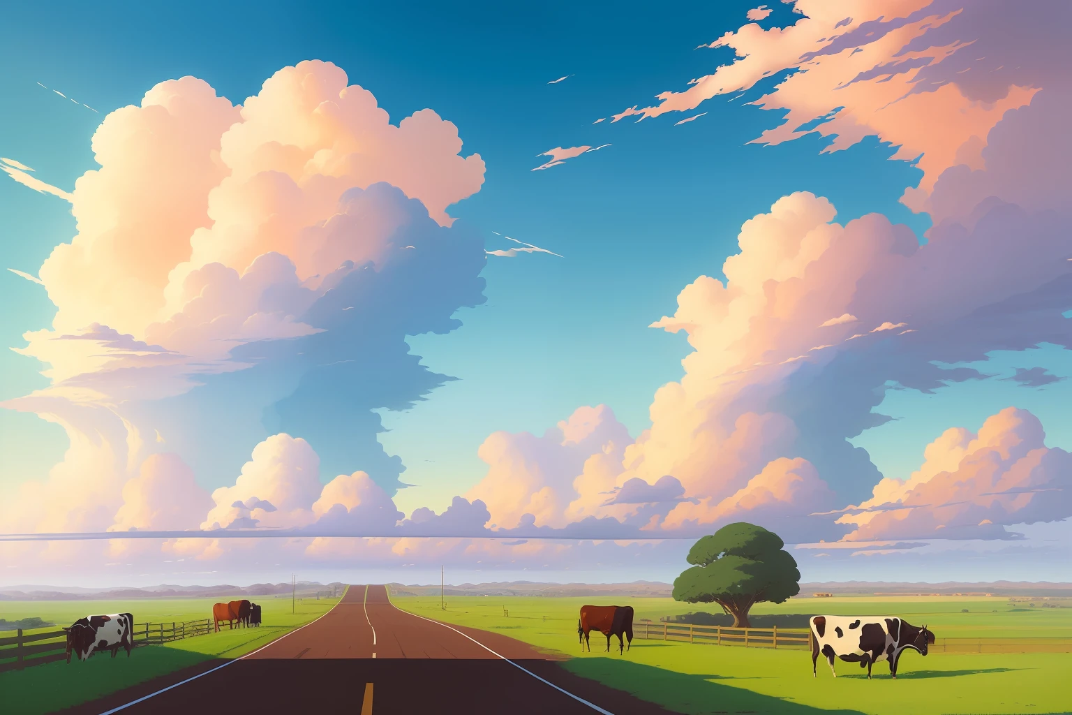 there is a painting of a dirt road with a cow in the distance, beautiful oil matte painting, hyper realistic clouds, wlop and rhads, rhads!!!, rhads!, studio ghibli sky, photorealistic landscape, rhads and thomas kinkade, hyperrealistic landscape, studio ghibli landscape, giant clouds, anime countryside landscape, by RHADS
