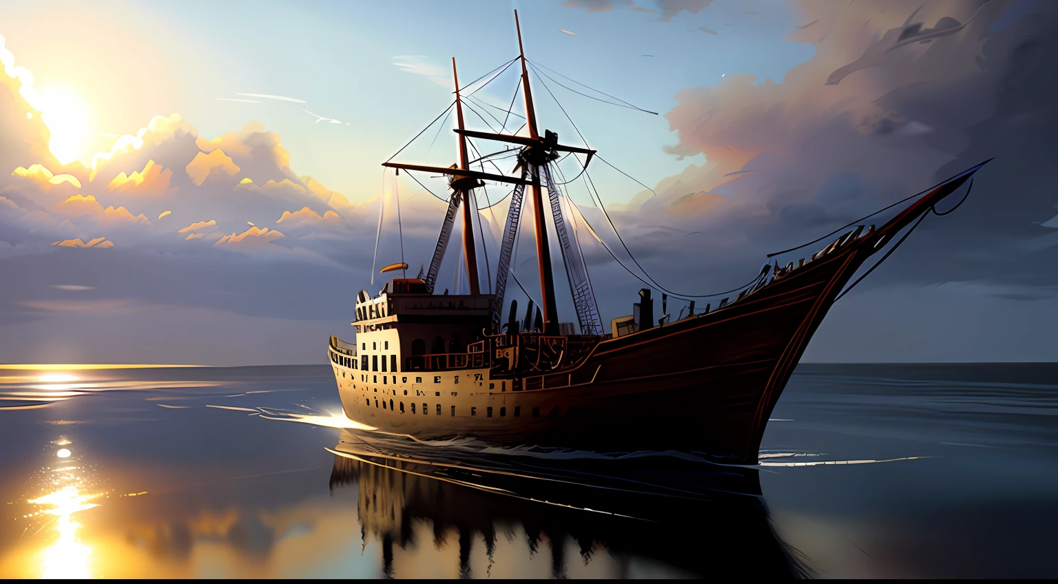 (masterpiece, best quality, digital art:1.4) of a romantic landscape, wooden ship, cinematic lighting, detailed oil painting, hyperrealistic, 8k, high resolution, insanely detailed and intricate, artstation, octane render, unreal engine 5, cinematic, 8k hd wallpaper, digital art, trending on artstation, wide angle, by jeremy mann, deviantart, rossdraws, frank
