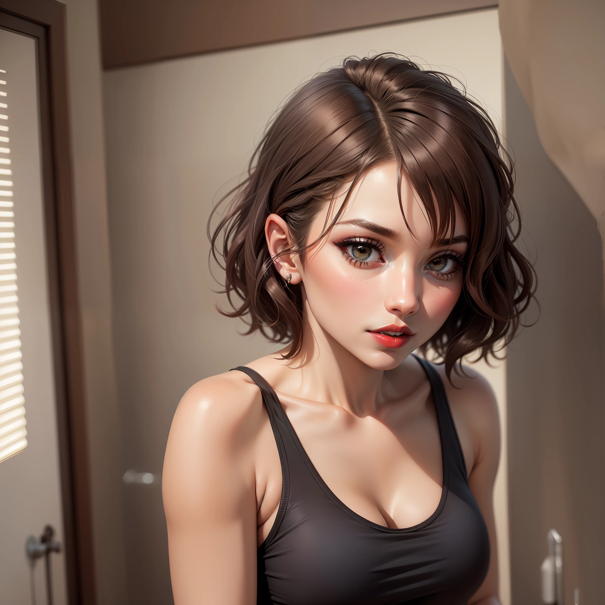 Sexy woman, short brown hair, middle part, lots of makeup, perfect red lips, loose blue tank top, black short shorts