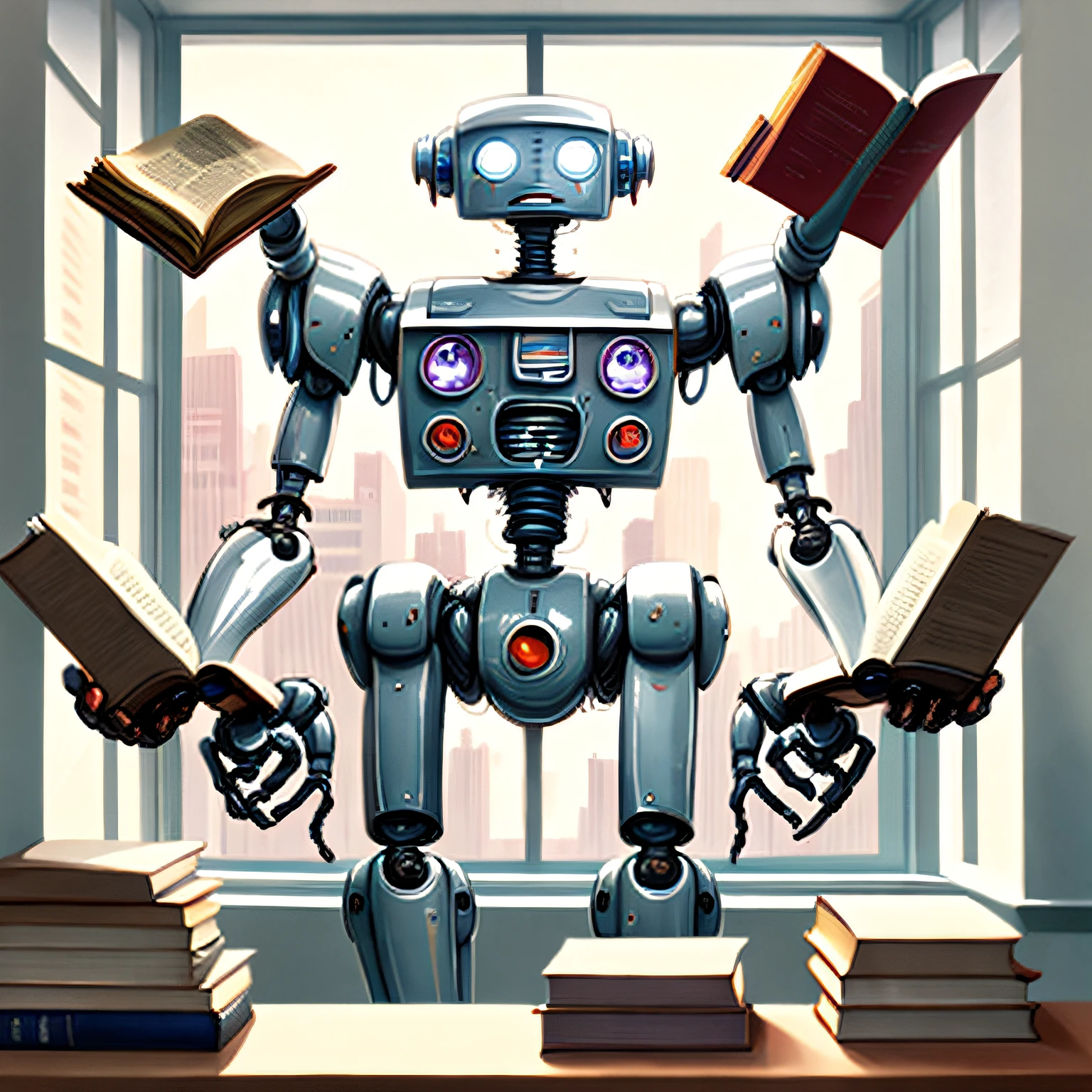 photo, a painting of friendly single robot with six arms, reading many books simultaneously, holding books up in air, reading two books at same time, window office background, (FiftiesRobot style:1)