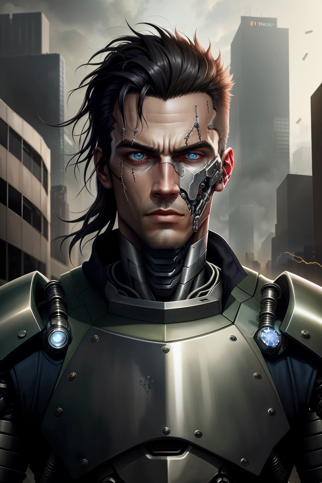 Epic digital art portrait of a futuristic battle cyborg in a dystopian city. Intricate metallic and cybernetic components make up half of his face and body revealing inner glow of technology. His human eye gazes intensely amid strands of messy black hair. He wears urban armor plating on one arm and shoulder over a ragged coat. Dramatic lighting creates glinting highlights on the metal bits and accentuates the grimy textures of cloth and skin.