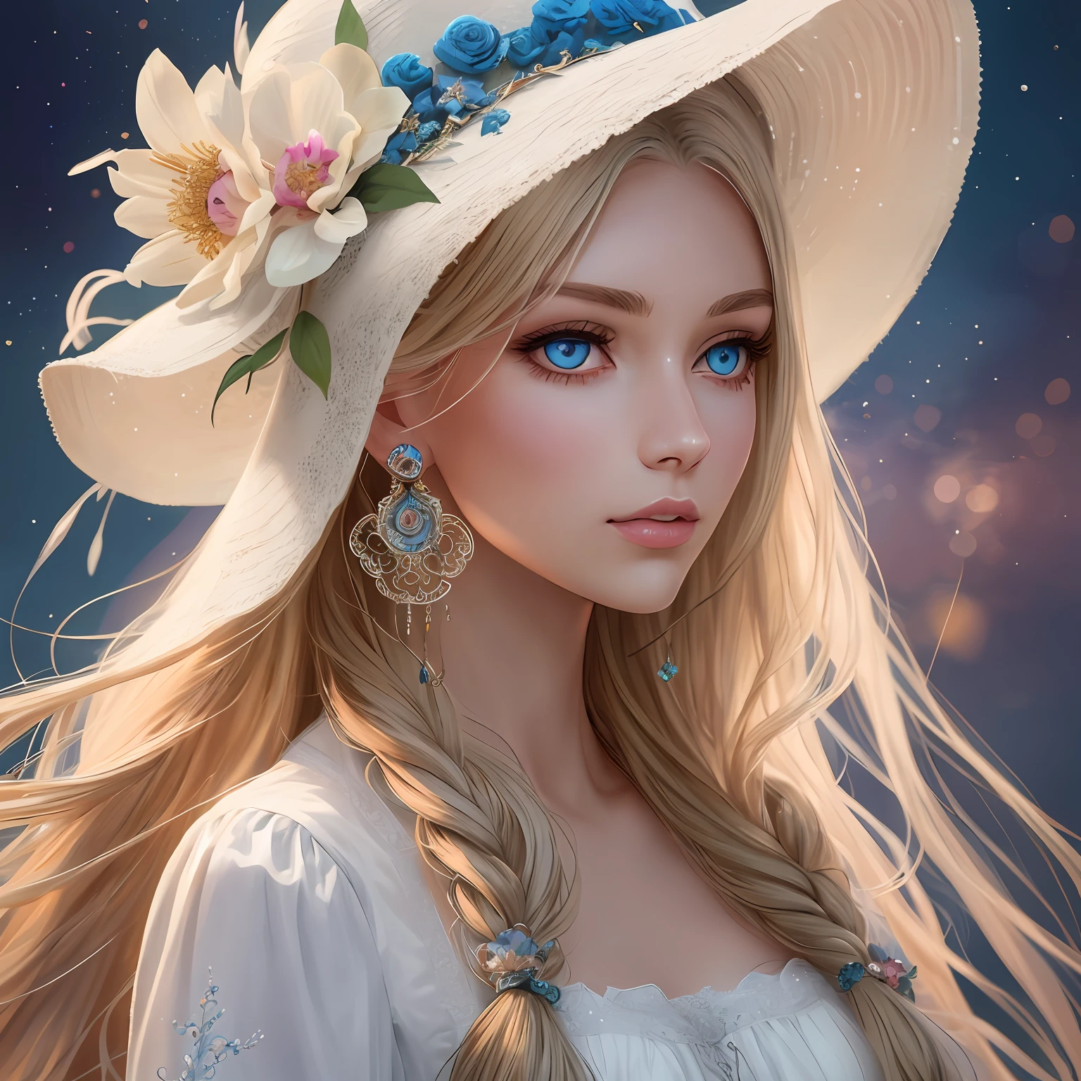 Young beautiful woman, very long blond hair, bright blue eyes, pale skin, long flowing white dress, embroideries on the sleeves like Bulgarian folklore dress, ethereal looks, oversized hat adorned with flowers. set against a dreamy, Pastel background, the hat is intricately detailed with intricate stitching and sparkling embellishments, giving it a fantastical and enchanting feel, the lighting is soft and diffused, casting a gentle glow on the hat and creating a sense of magic and wonder, created in a digital painting style, this artwork is smooth and polished, with a sharp focus on the charming details of the hat. trending on artstation, this imaginative piece is sure to captivate and delight viewers.