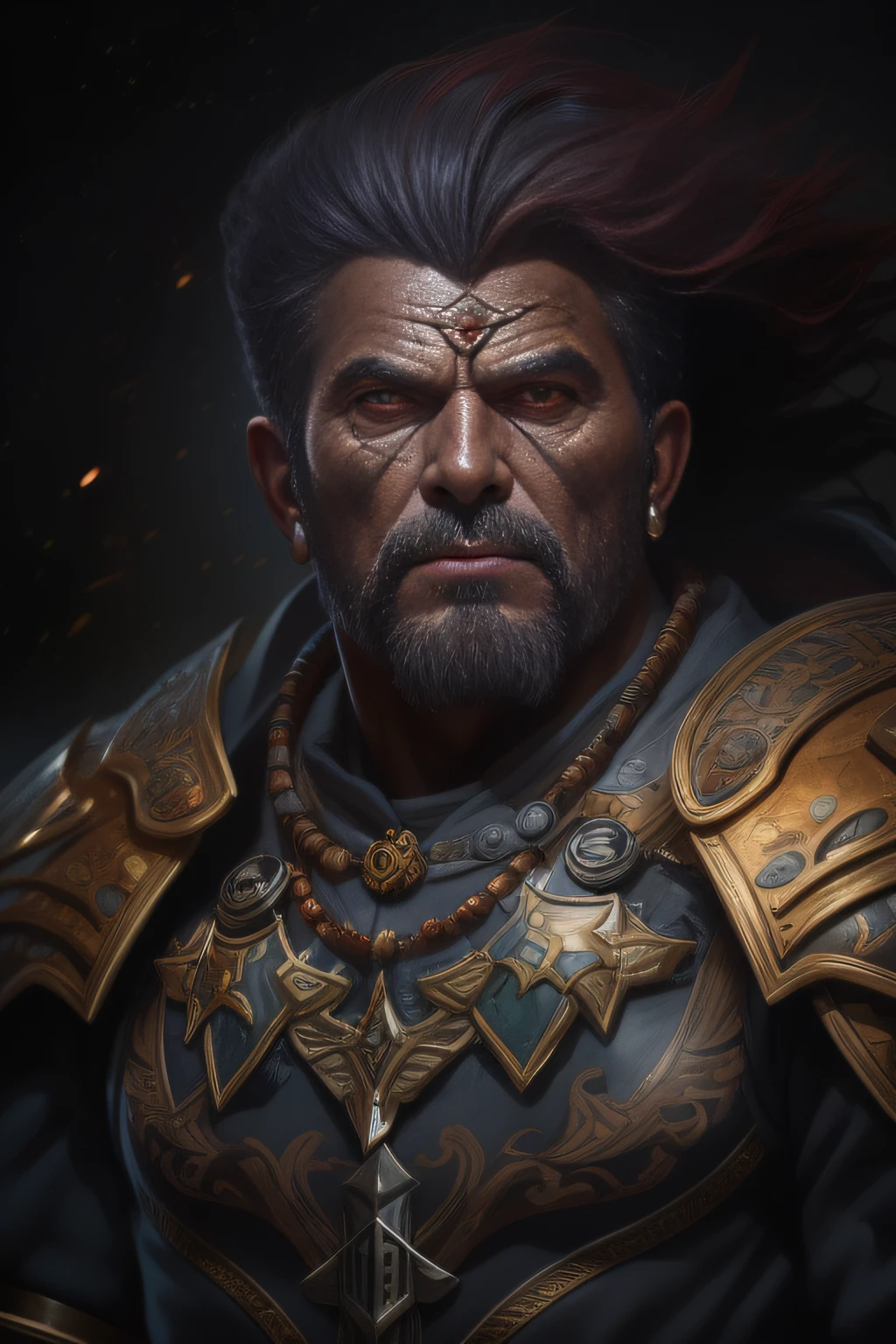 A (full body:1.3) shot at 8k resolution, splash art, fantastic comic book style, photorealistic, intense look, anatomical photorealistic digital painting portrait of a (old male:1.3) human (warrior:1.3) in black and gold intricate (heavy armor:1.3) with (red hair) in a (dark and moody universe:1.3), light particle, very detailed skin,samurai, very detailed eyes, (elden ring style:1.1), (warhammer style:1.4), concept artist, global illumination, depth of field, splash art, art by artgerm and greg rutkowski and viktoria gavrilenko