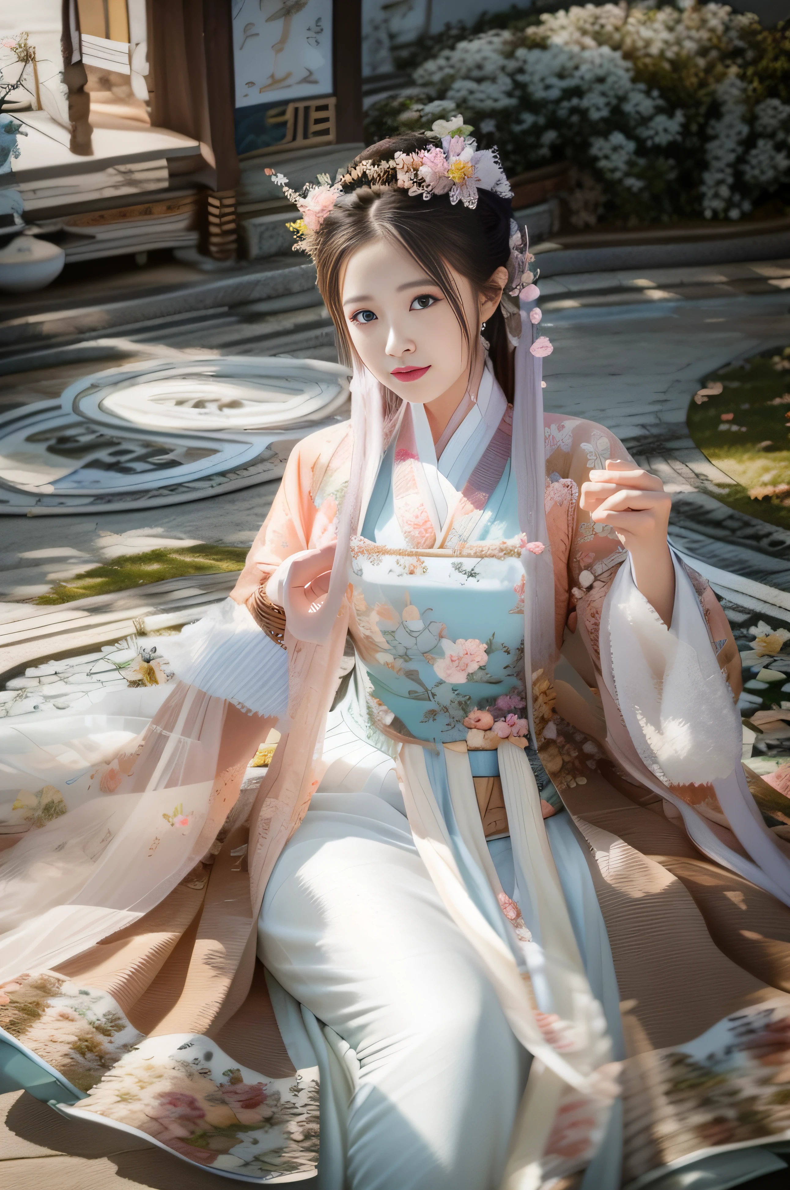 In the flower field stood a woman in a dress,ethereal fairytale,Ethereal beauty,With flowers,shaxi,Romantic dress,flower goddess,Palace,A girl in Hanfu,Beautiful teenage girl,Official artwork,Dreamy and ethereal,Flower dress,with frozen flowers around her,Ethereal and dreamy,lady with glowing flowers dress,Hanfu,belle delphine。