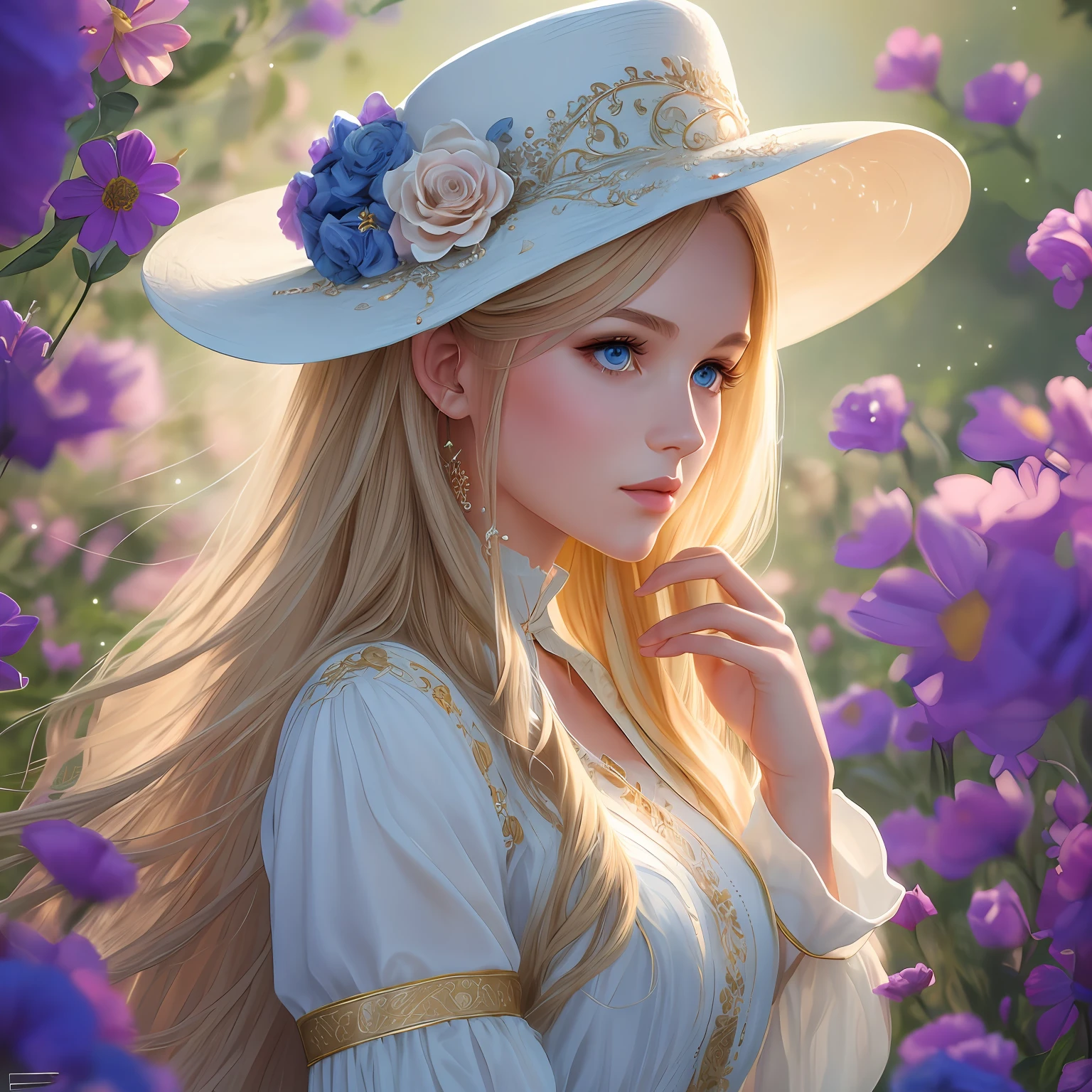 Young beautiful woman, very long blond hair, bright blue eyes, pale skin, long flowing white dress, embroideries on the sleeves like Bulgarian folklore dress, ethereal looks, oversized hat adorned with  flowers. set against a dreamy, Pastel background, the hat is intricately detailed with intricate stitching and sparkling embellishments, giving it a fantastical and enchanting feel, the lighting is soft and diffused, casting a gentle glow on the hat and creating a sense of magic and wonder, created in a digital painting style, this artwork is smooth and polished, with a sharp focus on the charming details of the hat. trending on artstation, this imaginative piece is sure to captivate and delight viewers.