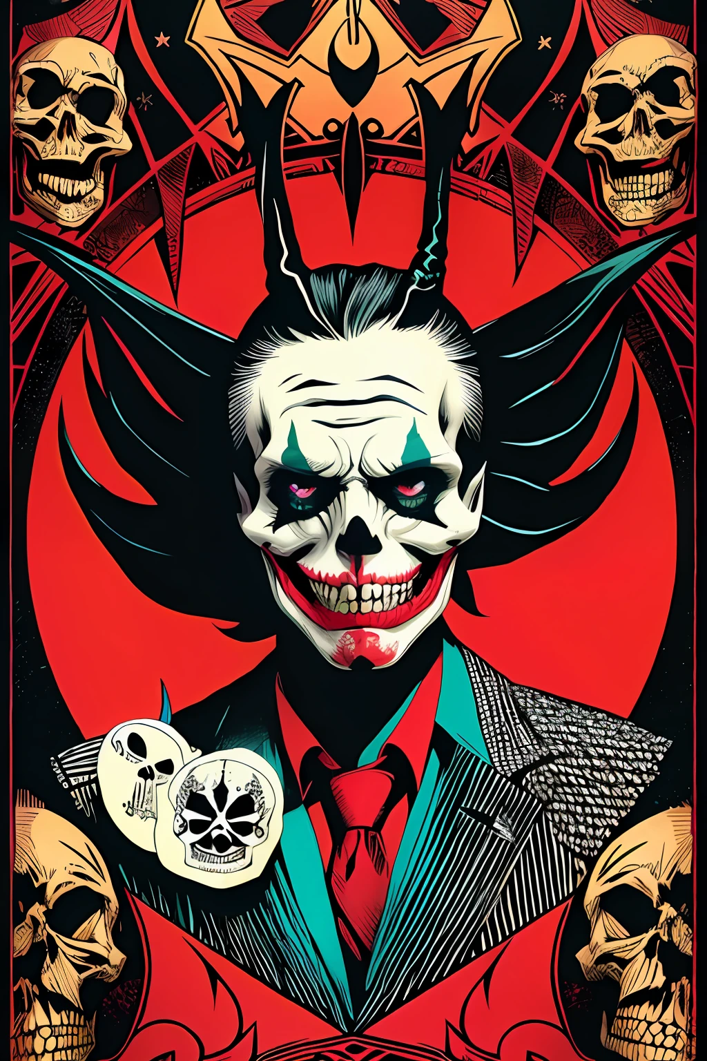 "Flyer, mezcla de Joker y Skull, Mexican decoration, Satan, vector plano, dorado, negro, Aaron Horkey, obra maestra, ultra-high-resolution, alta calidad"