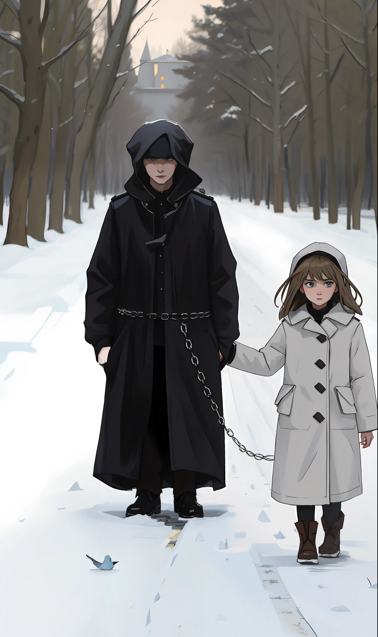 There is a girl holding a chain and a large bird, Alexandra Fomina, Maxim Sukharev, Sergey Krasovskiy, ainda de um filme live action, Ilya Kushinov, Sergey Zabelin, Corvos, Masha Krasnova, inspirado em Gottfried Helnwein, Directed by: Gottfried Helnwein, corvo, Marat Zakirov