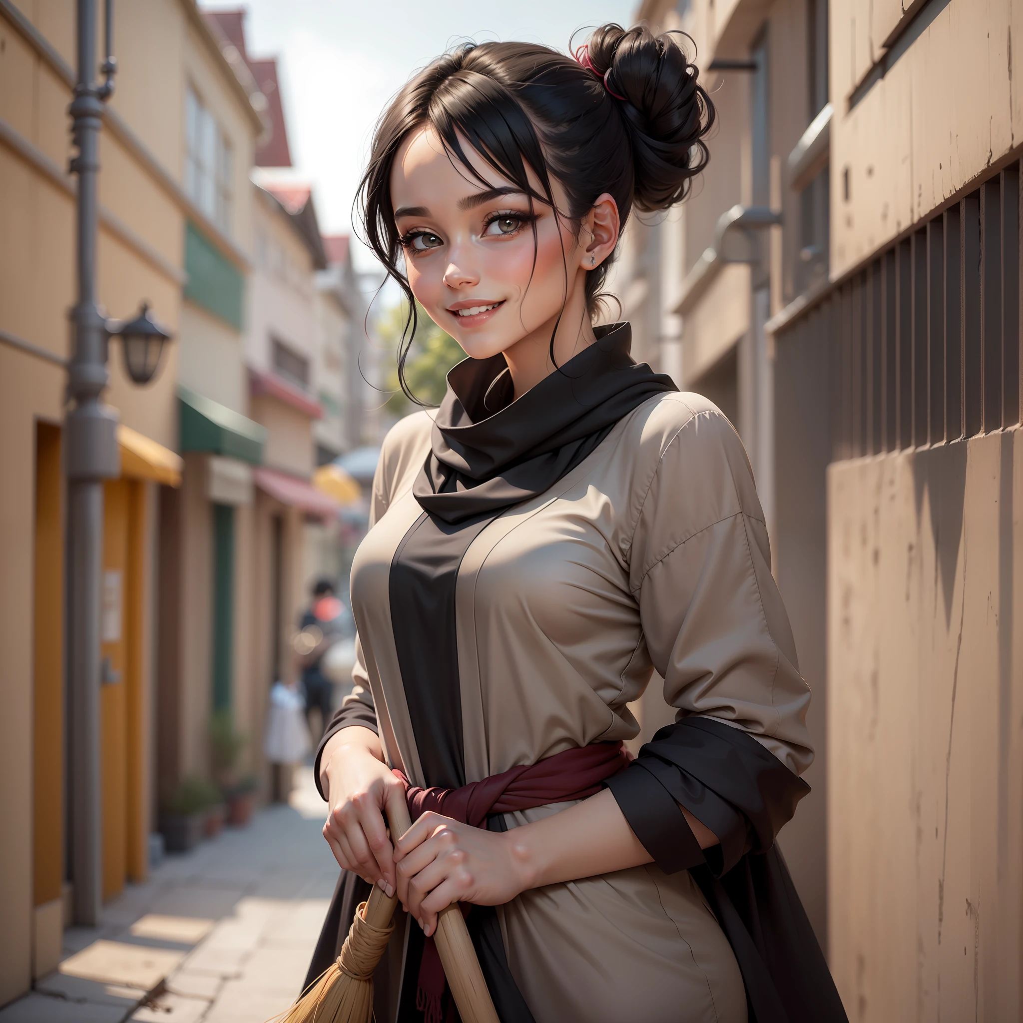 Sexy woman, black hair, messy bun, brown kurta pyjama, black shawl tied around waist, holding a broom over her shoulder, mischievous smile