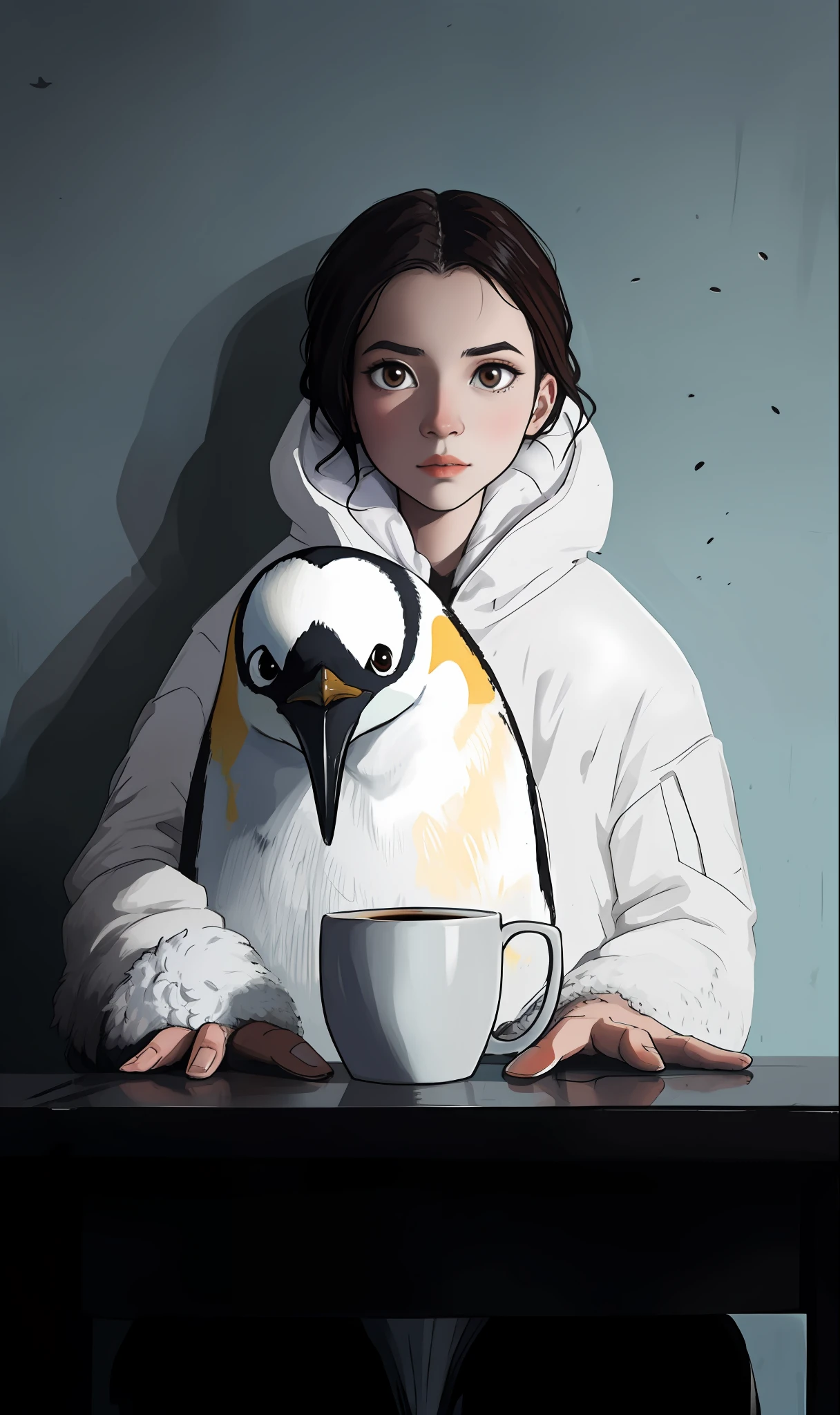 Arafed penguin with a cup of coffee on a table, inspirado em Frieke Janssens, anthropomorphic penguin, pinguim, inspired by Jean-Léon Gérôme, pinguim, inspirado em Gottfried Helnwein, inspirado em Maciej Kuciara, Flora Borsi, Fotografia Alexey Gurylev