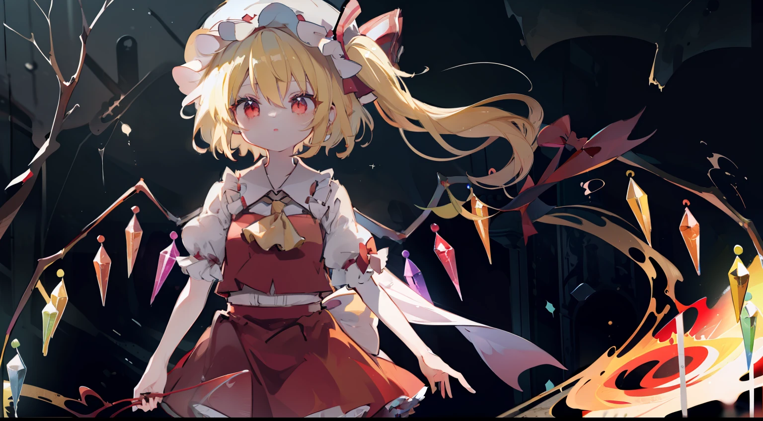 flandre scarlet
1girl,blonde hair,mob cap,hair bow,bowtie,side ponytail,wings,short sleeves,vest,ascot,masterpiece、top-quality、Top image quality、cute little、During the walk