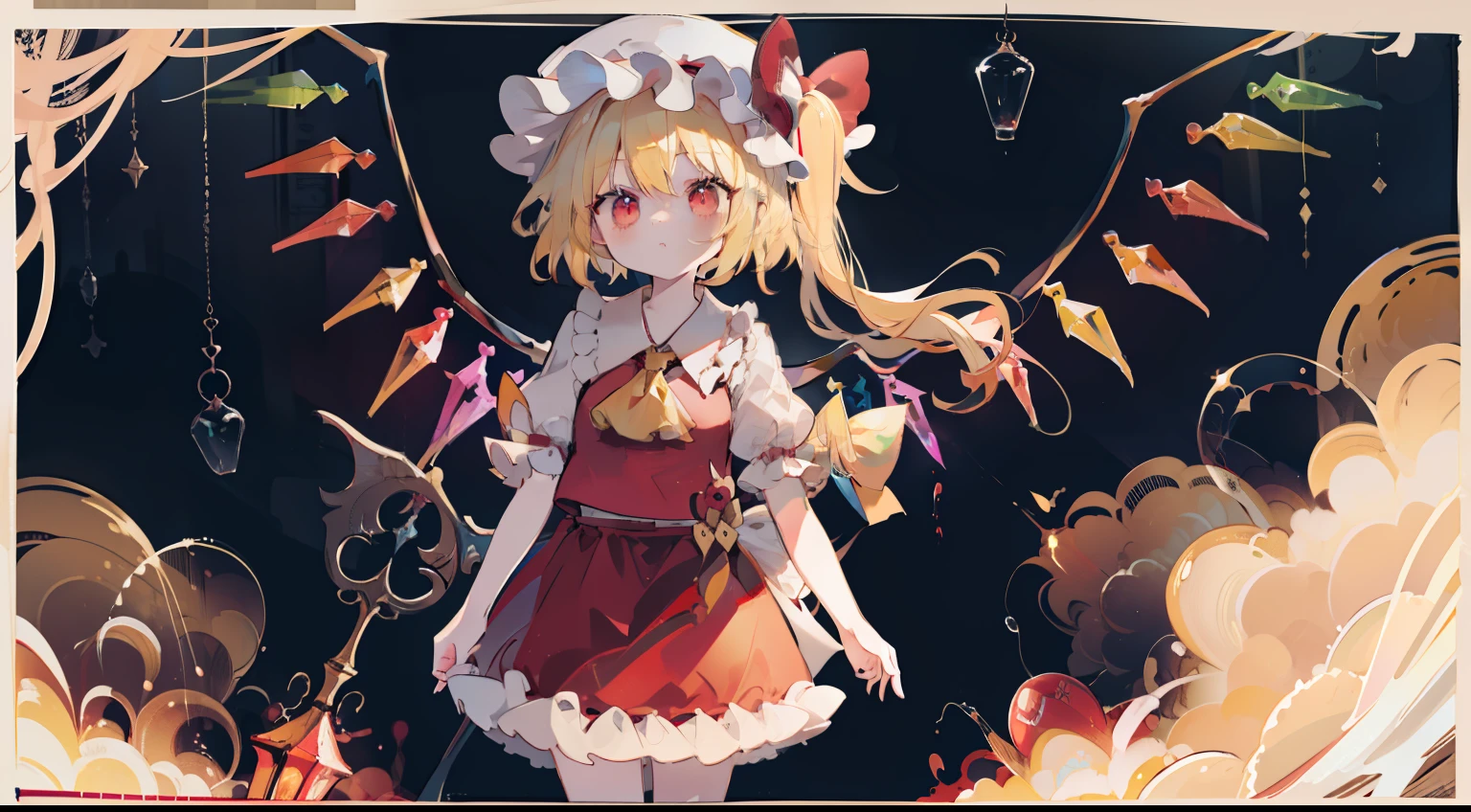 flandre scarlet
1girl,blonde hair,mob cap,hair bow,bowtie,side ponytail,wings,short sleeves,vest,ascot,​masterpiece、top-quality、Top image quality、cute little、During the walk