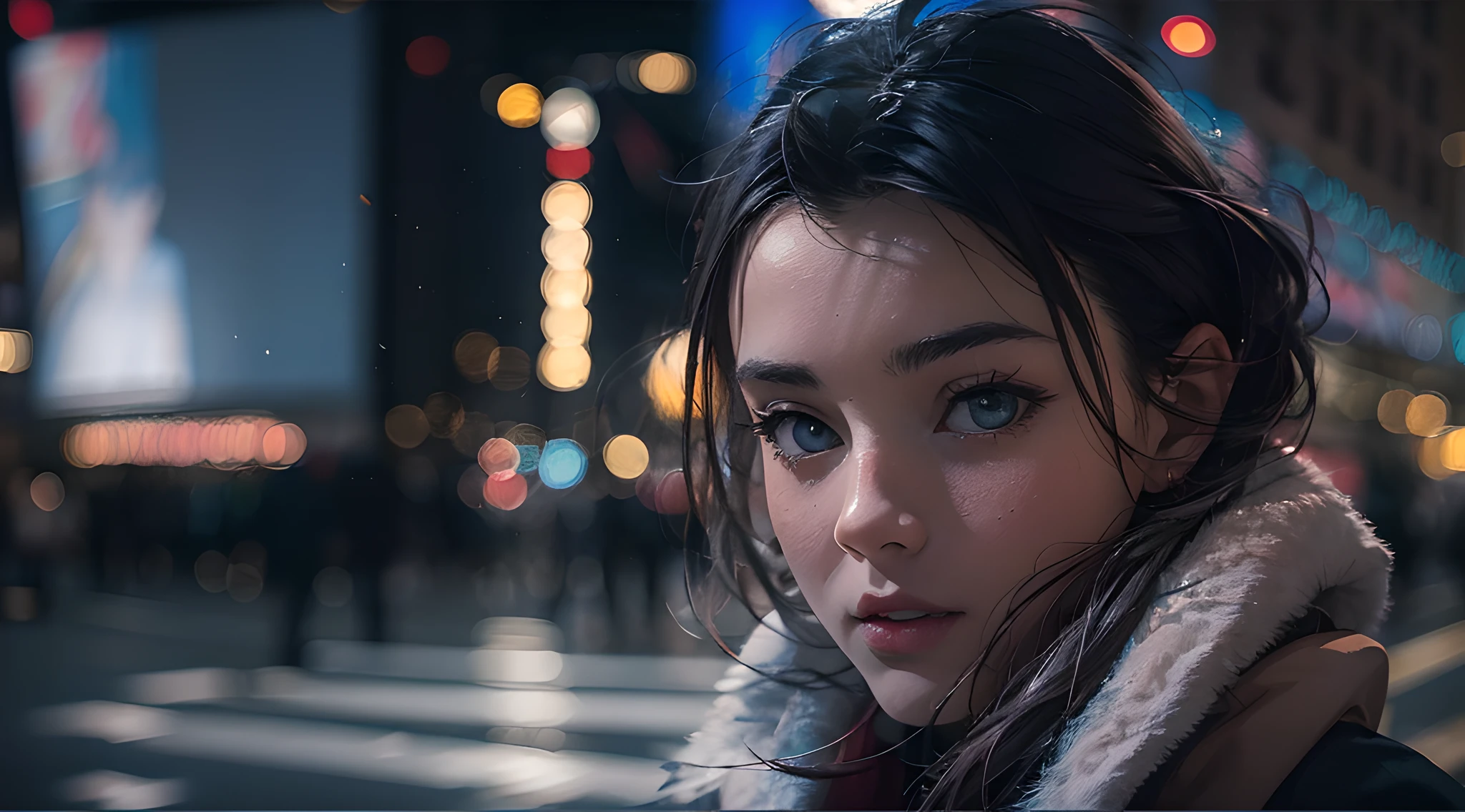 RAW, analog film, photography, zeiss otus 85mm f/1.4, film still, cowboy shot, , low angle shot, a 19 year old european girl with black short hair, no makeup, beautiful eyes, pretty face, a giant LED screen showing the latest trending products, a busy crowded New York street at night time, masterpiece, global illumination, city life, street photography, bokeh