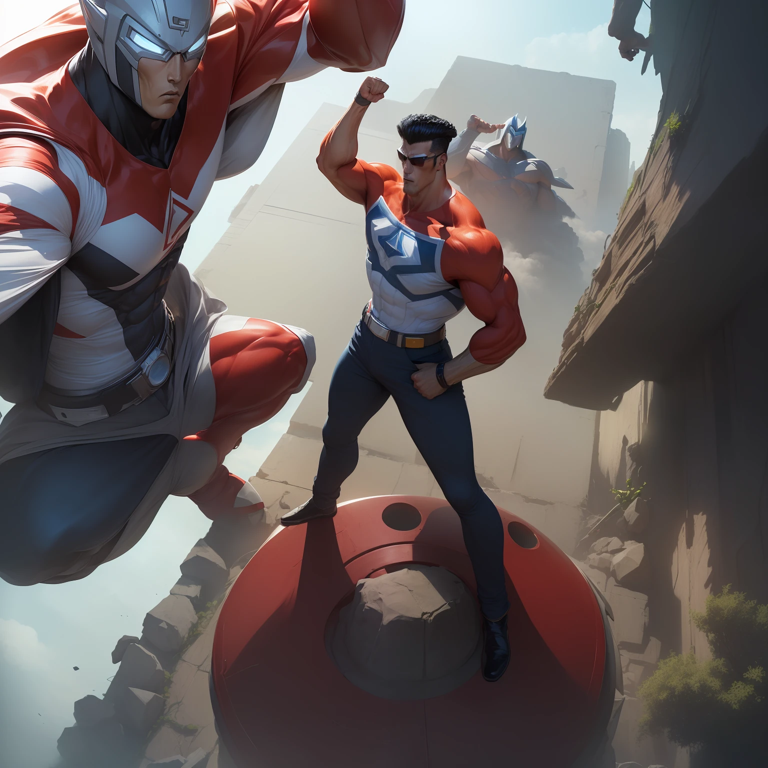 (Obra-prima, qualidade soberba, super delicado, alta resolução), foco masculino, (((New Ultraman))), ((without muscles))), (His head is tuned in the middle, Its body is made of red and silver, your arms are simplified, ele parece alto e magro, The overall shape is streamlined and modern), ((He placed his right hand near his head in a triangular shape, and his left hand clenched his fist in a high position above him))), posando para fotos, high angle, noite escura, ruins of the city, detalhes de fundo, (((corpo inteiro))), (((Sense of grandeur)), ((Toguro))