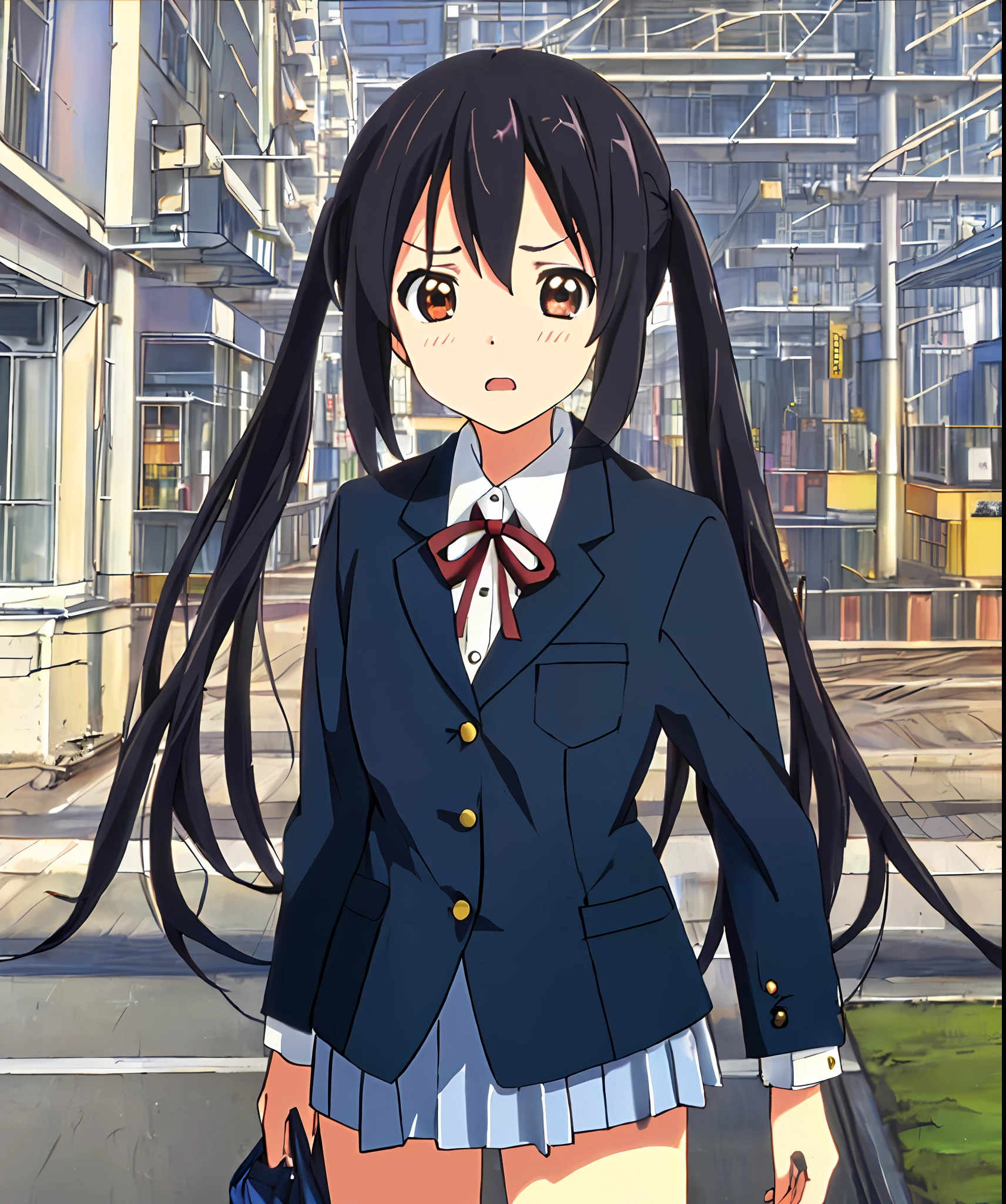 1girl, ((((Masterpiece))), Best Quality, Best Quality, High Detail, Azusa Nakano, 1girl, Sakuragaoka High School Uniform, Musical Instrument, School Uniform, Twin Tails, Long Hair, Black Hair, Brown Eyes, Solo, Red, Dark blue blazer with a thin ribbon of red, Solid white button shirt under blazer, Illustration, Cartoon, Soothing tones, Muted colors, Soft cinematic light, Adobe Lightroom, Photo Lab, HDR, complex and highly detailed, (((depth of field))))). (((Masterpiece))). (((highest quality))).) ((super detail))). (((Illustration))). (((外))).dynamic focus.small breasts. (((skyscrapers))). (((Cityscape))). (((Face of sadness))). open mouth. (((hands on hips))). (((Proud))).