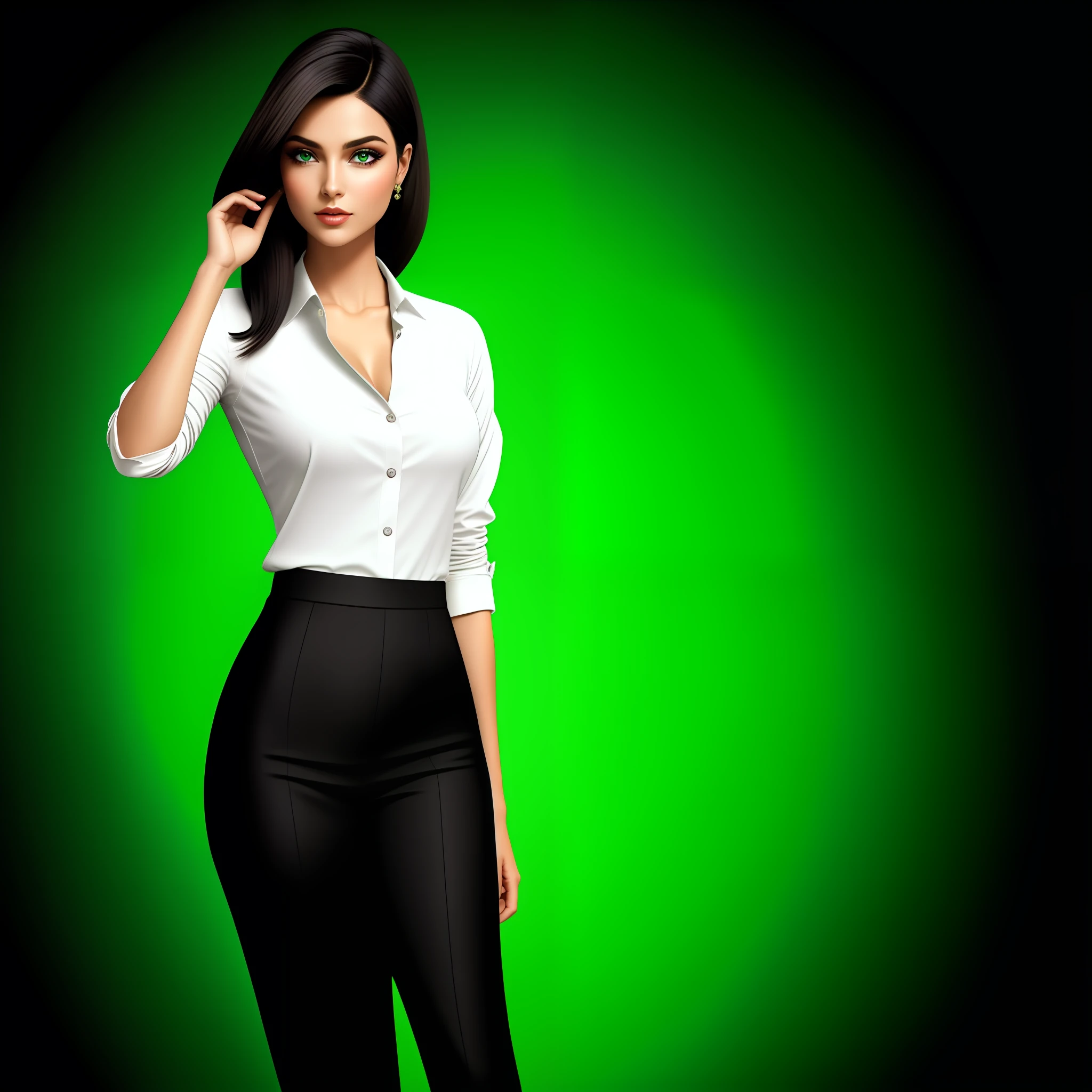 Uma mulher cativante em lindos olhos brilhantes e verdes. She's the sole focus of the scene, and no distractions. Demonstrate confidence and professionalism, veste um terno elegante com blusa branca, saia preta e sapatos de salto alto, corpo inteiro. Your hair is loose in a sophisticated hairstyle, Conveys fascination and charisma, enquanto fala ao celular.(definido contra um fundo verde minimalista)