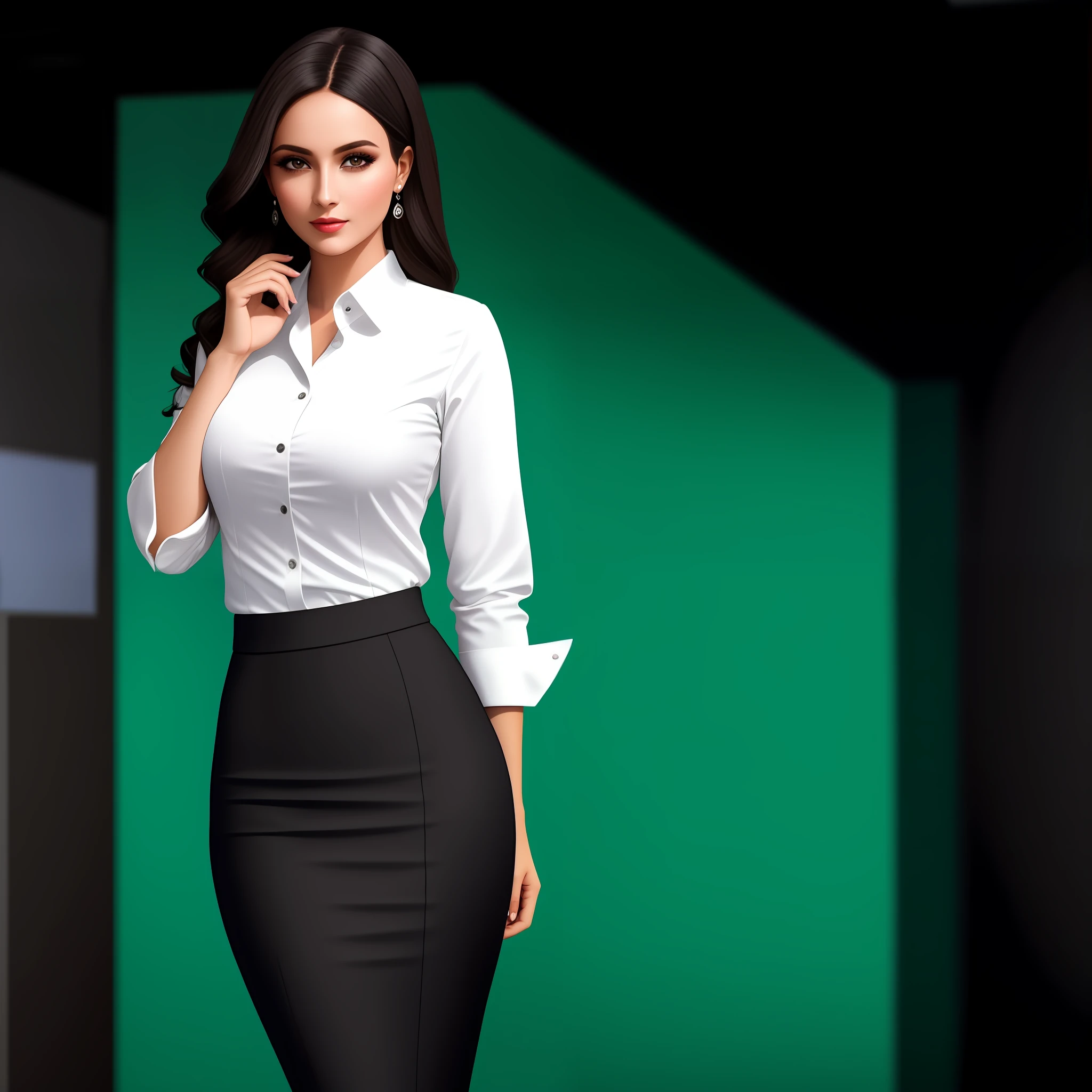 Mulher de camisa branca e saia preta posando para foto, female in office dress, camisa branca e saia preta, arte digital de um elegante, woman in black business suit, modelo de moda elegante, menina elegante na roupa urbana, vestindo uma roupa elegante, office clothes, pose elegante e confiante, Business Clothes, young business woman, business woman, woman in business suit