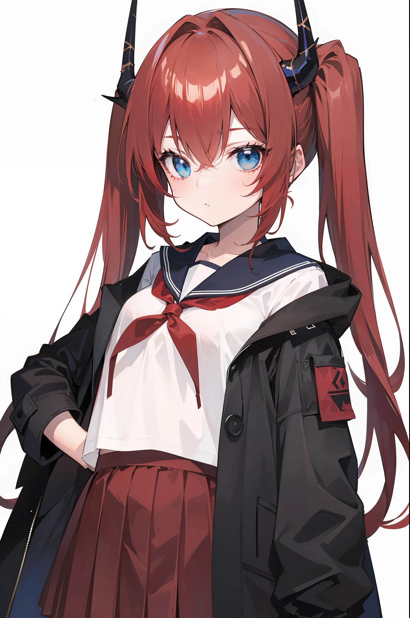 red hair, blue eyes, twintails,Sailor suit,Dragon horns,coat,red Pleated skirt,solo,1girl, arknights, long hair, ,litt