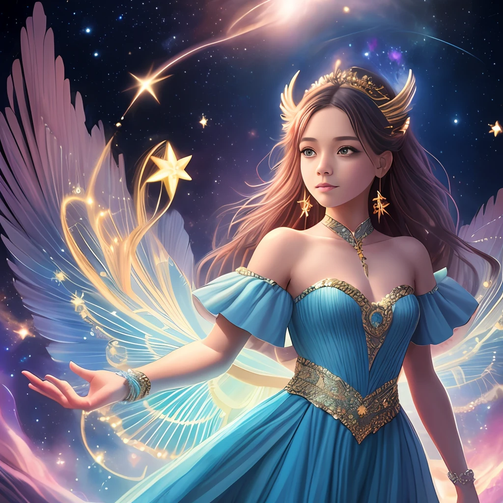 Star woman in long dress,Holding a star in his hand, portrait of the magical girl, wearing a dress made of stars, magical fairy floating in space, girl with magical powers, Beautiful digital artwork, A beautiful artwork illustration, emanating magic from her palms, glowing with magic, beautiful gorgeous digital art, concept art magical highlight