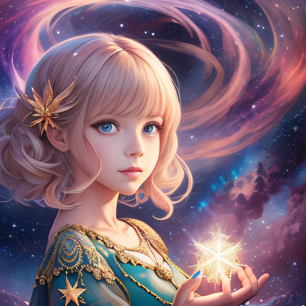 Star woman in long dress,Holding a star in his hand, portrait of the magical girl, wearing a dress made of stars, magical fairy floating in space, little girl with magical powers, Beautiful digital artwork, A beautiful artwork illustration, emanating magic from her palms, glowing with magic, beautiful gorgeous digital art, concept art magical highlight