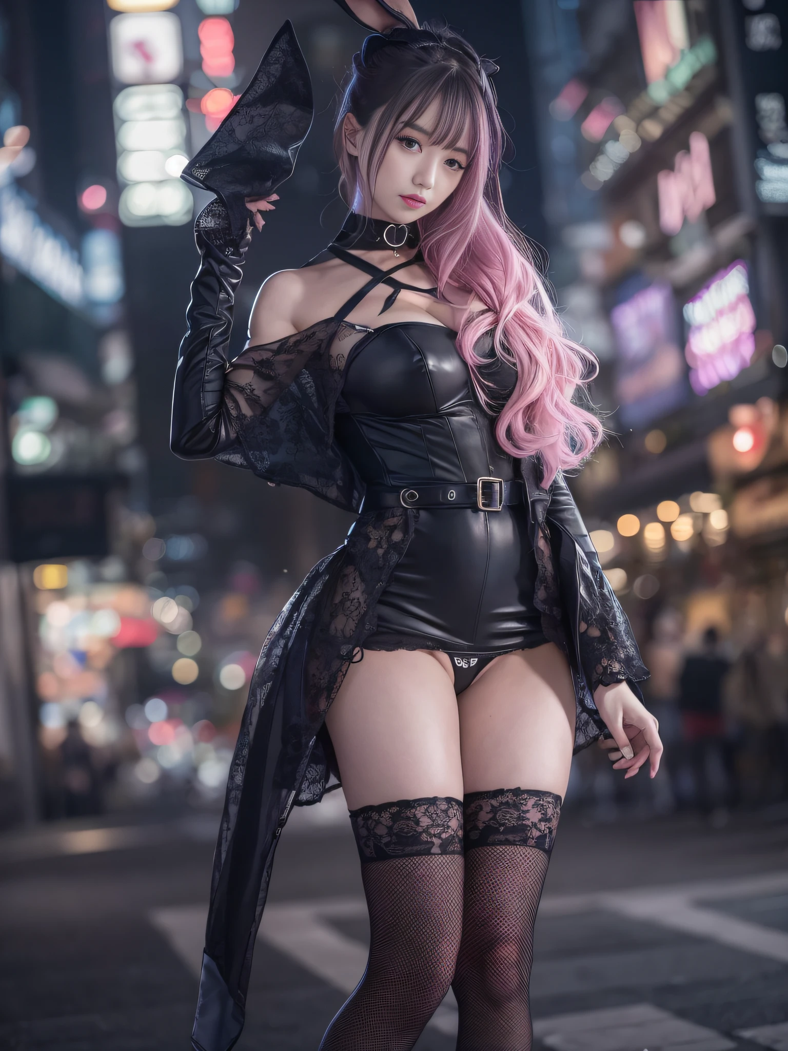 Woman in black stockings and heels,young and cute girl, wearing in stocking,Sexy Girl, Lovely woman, pantyhose, 8K,top-quality、超A high resolution、女の子1人、Futuristic bodysuit、Black Choker、(huge-breasted:1.2)、, Pink short hair, bunnygirl, Photo, background is city at night,Live action,japanes,独奏,Beautiful expression,