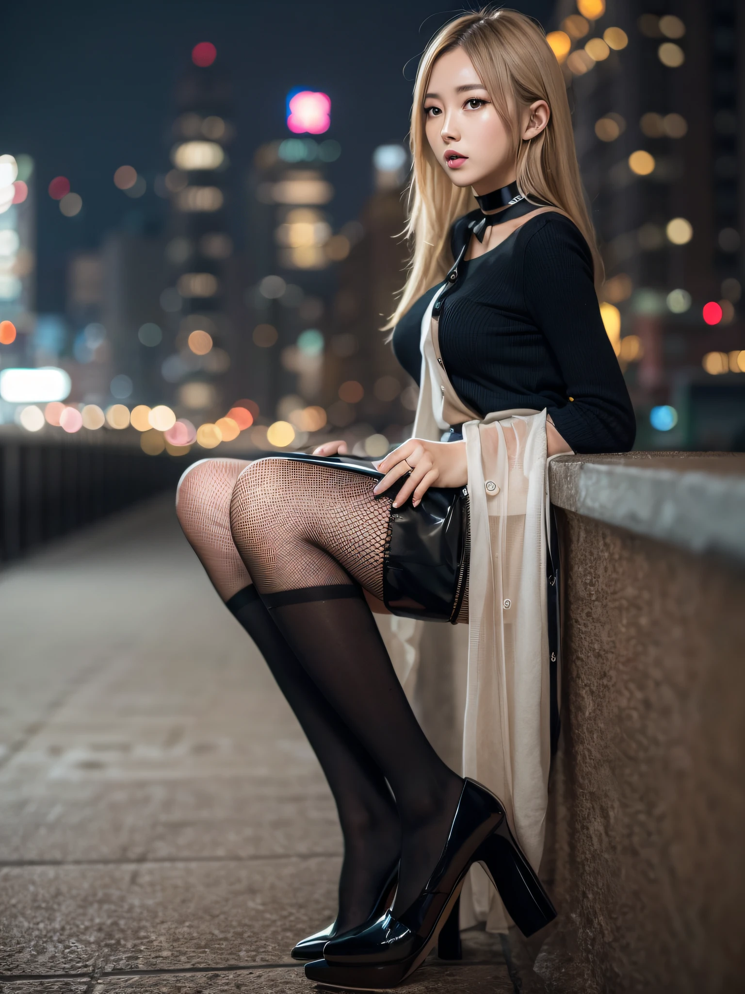 Woman in black stockings and heels,young and cute girl, wearing in stocking,Sexy Girl, Lovely woman, pantyhose, 8K,top-quality、超A high resolution、女の子1人、Black Choker、(huge-breasted:1.2)、, Blonde Long Hair, bunnygirl, Photo, background is city at night,Live action,japanes,独奏,Beautiful expression,all-fours,Embarrassed look