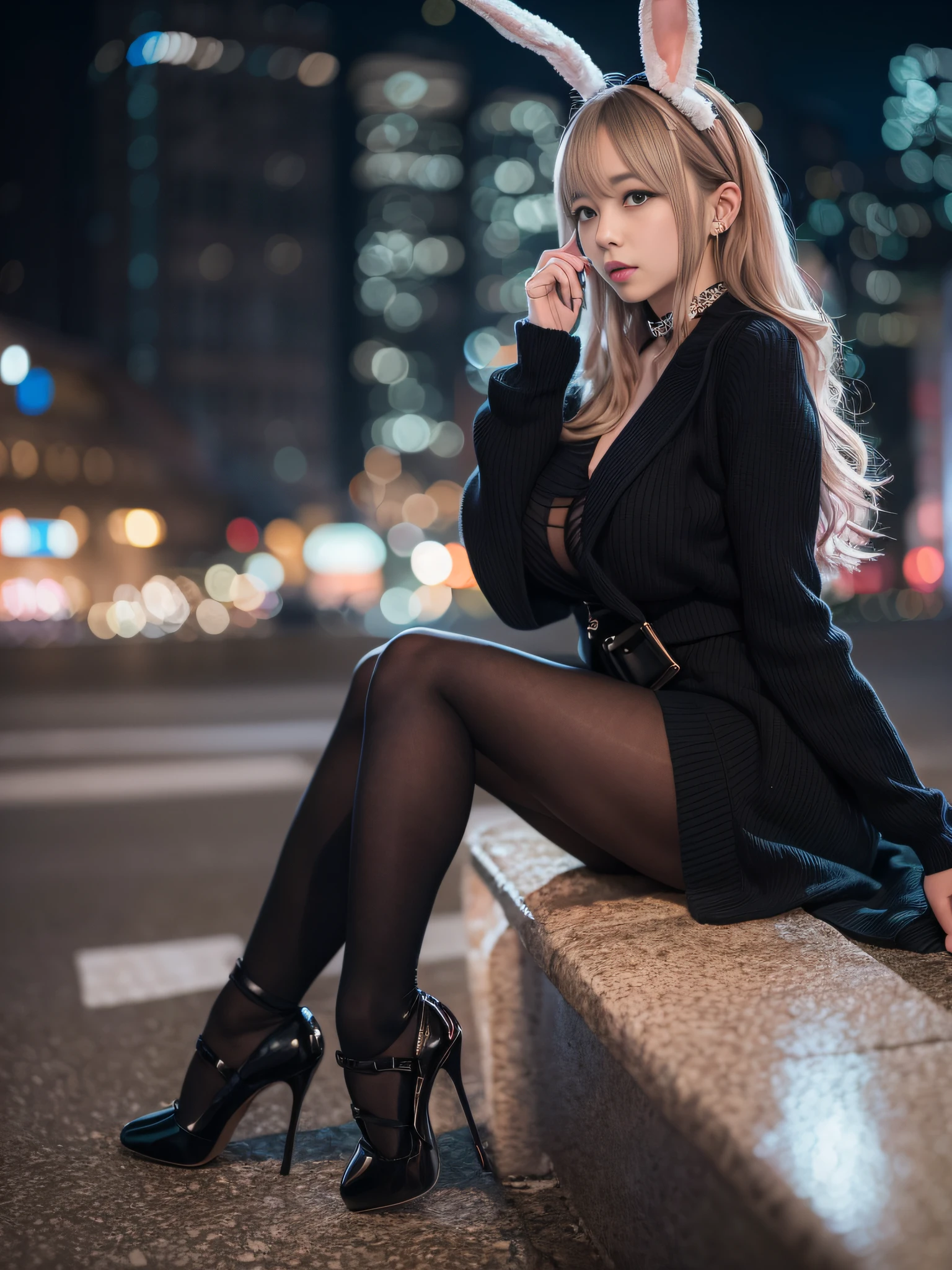 Woman in black stockings and heels,young and cute girl, wearing in stocking,Sexy Girl, Lovely woman, pantyhose, 8K,top-quality、超A high resolution、1人、Black Choker、(huge-breasted:1.2)、, Blonde Long Hair, bunnygirl, Wearing Usa Ears,Photo, background is city at night,Live action,japanes,独奏,Beautiful expression,all-fours,Both knees are on the ground,Embarrassed look,Troubled look,cheeks light pink