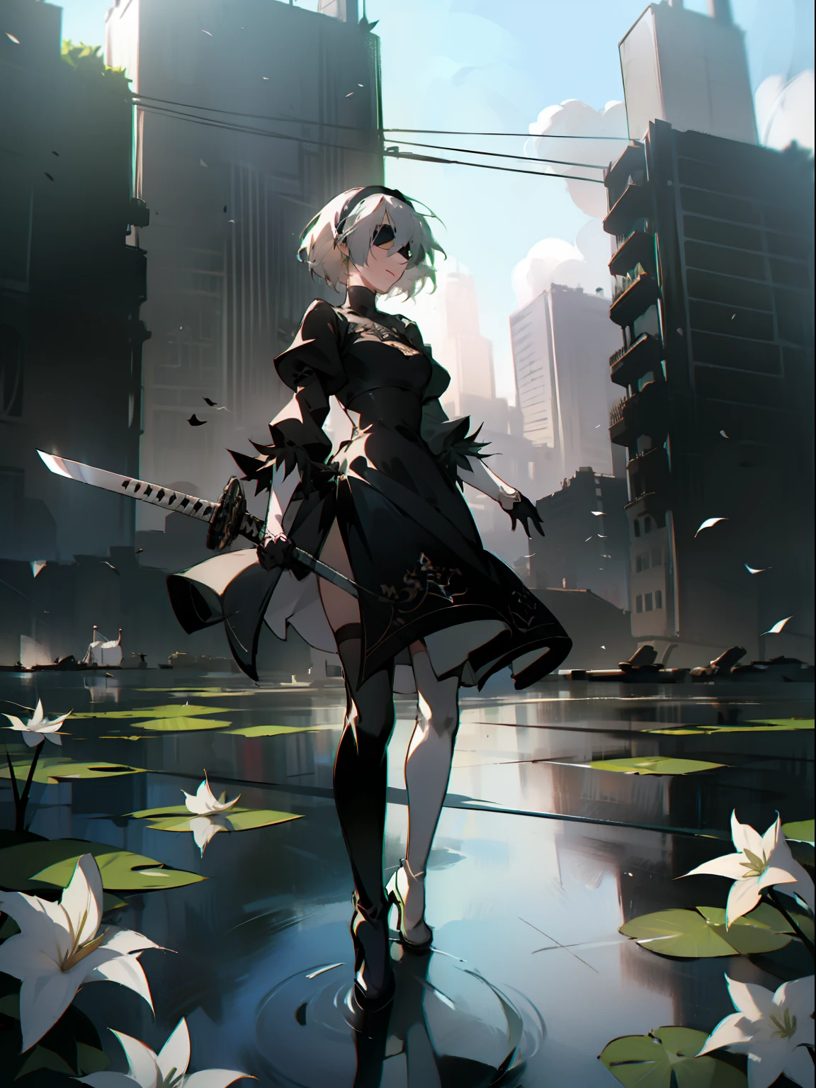 masterpiece, best quality, detailed face, extremely detailed, yorha no. 2 type b, 1girl, solo, absurdres, 8k, White hair, silver hair, black blindfold, black dress, black hairband, blindfold, eye highlights blue sky, boots, building, city, cloud, covered eyes, debris, dress, feather-trimmed sleeves, feather trim, gloves, grass, hairband, high heel boots, high heels, highres, juliet sleeves, katana, leather, leather boots, long sleeves, nier \(series\), nier automata, outdoors, overgrown, pod \(nier automata\), post-apocalypse, puddle, puffy sleeves, rubble, ruins, scenery, sky, thigh boots, thighhighs, thighhighs under boots, water, Leaves dancing in the wind, White flowers, white lilies