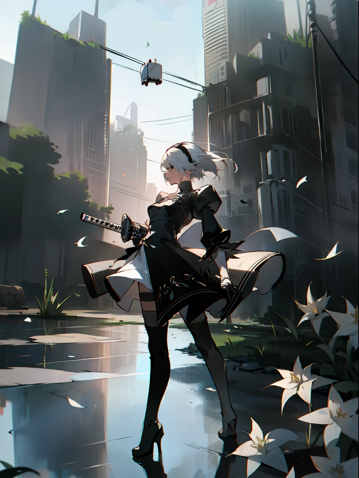 masterpiece, best quality, detailed face, extremely detailed, yorha no. 2 type b, 1girl, solo, absurdres, 8k, White hair, silver hair, black blindfold, black dress, black hairband, blindfold, eye highlights blue sky, boots, building, city, cloud, covered eyes, debris, dress, feather-trimmed sleeves, feather trim, gloves, grass, hairband, high heel boots, high heels, highres, juliet sleeves, katana, leather, leather boots, long sleeves, nier \(series\), nier automata, outdoors, overgrown, pod \(nier automata\), post-apocalypse, puddle, puffy sleeves, rubble, ruins, scenery, sky, thigh boots, thighhighs, thighhighs under boots, water, Leaves dancing in the wind, White flowers, white lilies