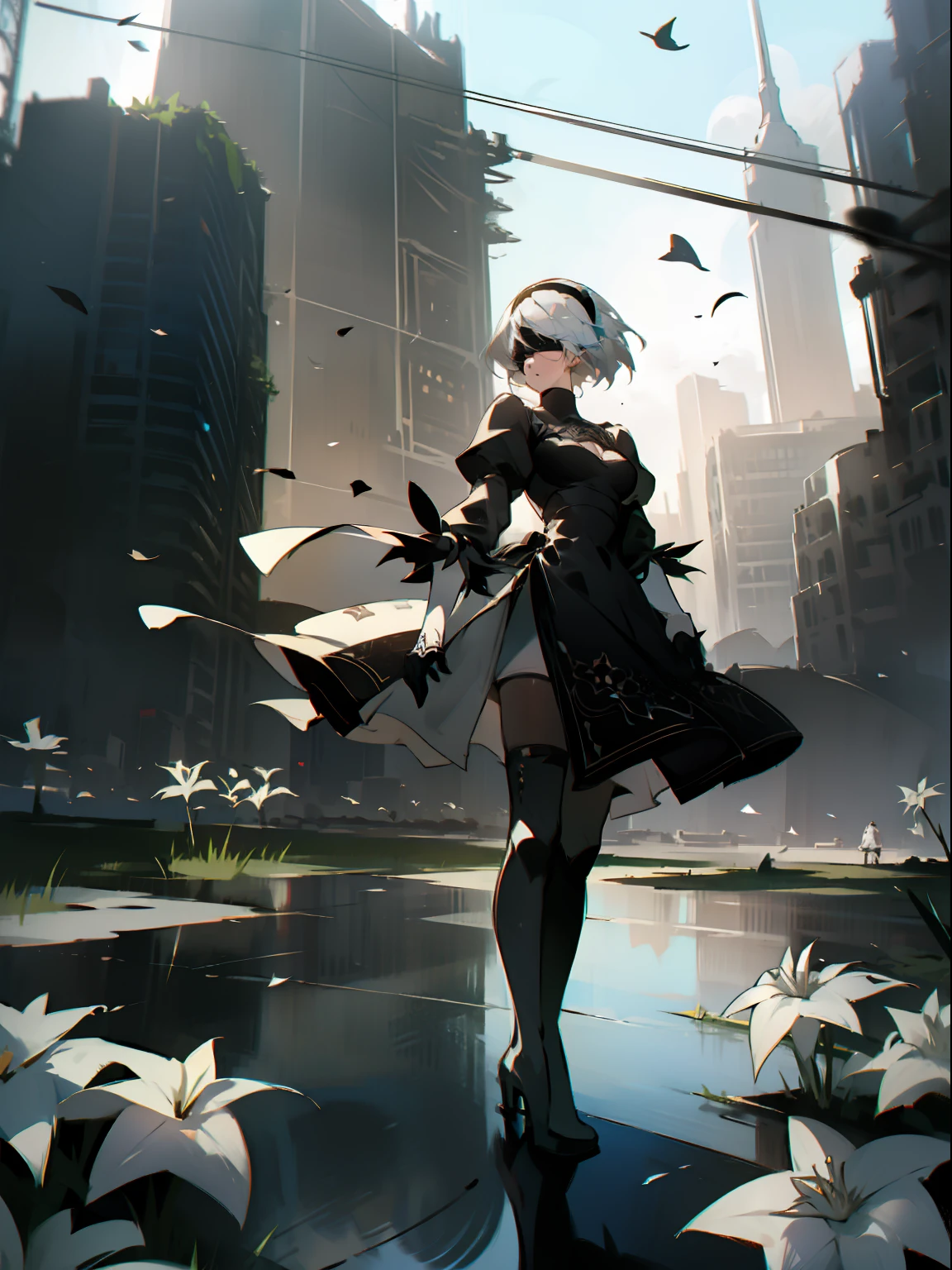 masterpiece, best quality, detailed face, extremely detailed, yorha no. 2 type b, 1girl, solo, absurdres, 8k, White hair, silver hair, black blindfold, black dress, black hairband, blindfold, eye highlights blue sky, boots, building, city, cloud, covered eyes, debris, dress, feather-trimmed sleeves, feather trim, gloves, grass, hairband, high heel boots, high heels, highres, juliet sleeves, katana, leather, leather boots, long sleeves, nier \(series\), nier automata, outdoors, overgrown, pod \(nier automata\), post-apocalypse, puddle, puffy sleeves, rubble, ruins, scenery, sky, thigh boots, thighhighs, thighhighs under boots, water, Leaves dancing in the wind, White flowers, white lilies