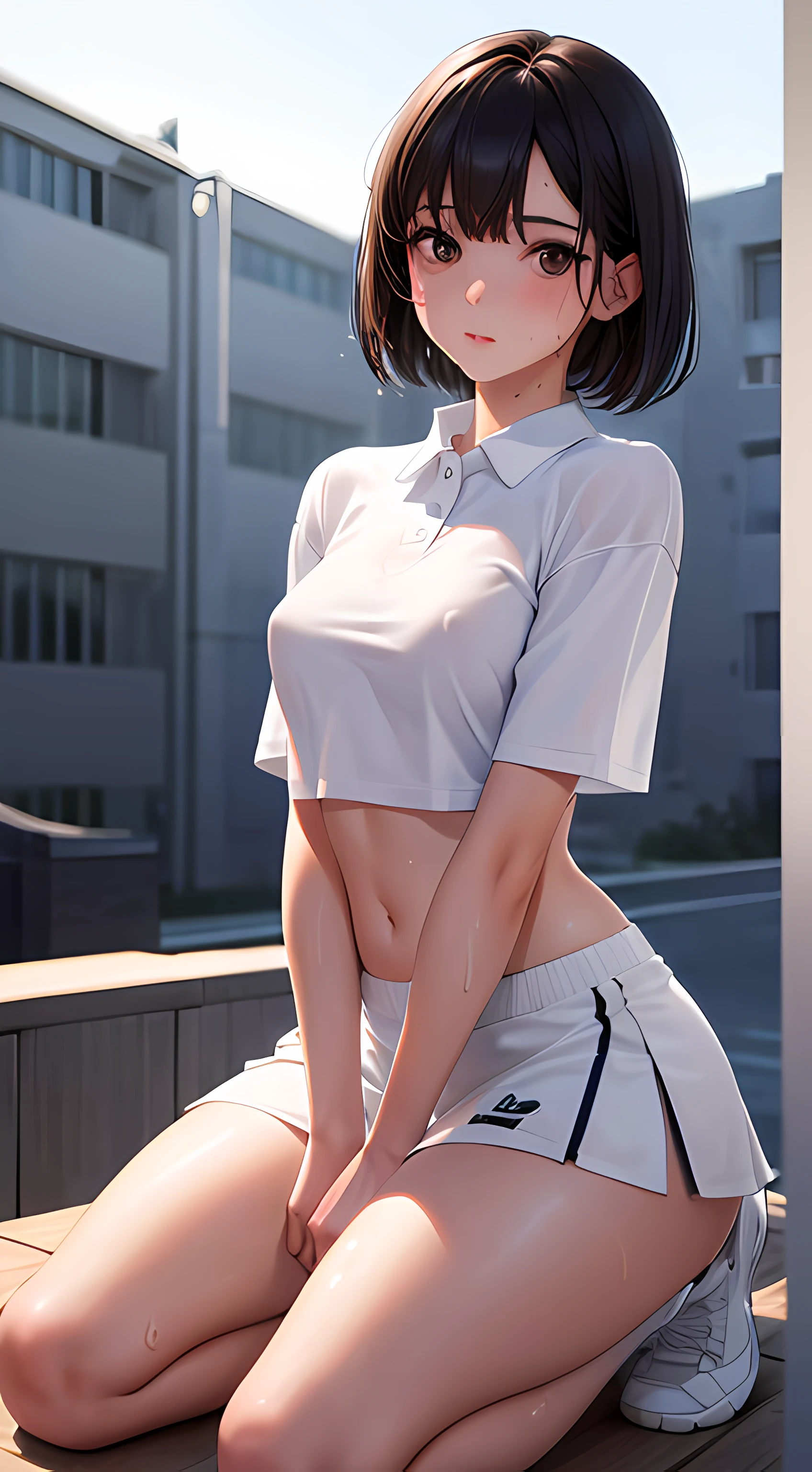 1girl, solo, white polo shirt, white sneakers, tennis wear, white miniskirt, masterpiece, best quality, realistic, hyper-detailed, (shiny skin, sweaty:1.4), absurd, looking at viewer, short black hair, brown eyes, slender, dynamic lighting, high resolution, sharp focus, depth of field, detailed eyes, sharp pupils, realistic pupils, (small breasts:1.6), (thick thighs:1.0), outdoor, sky