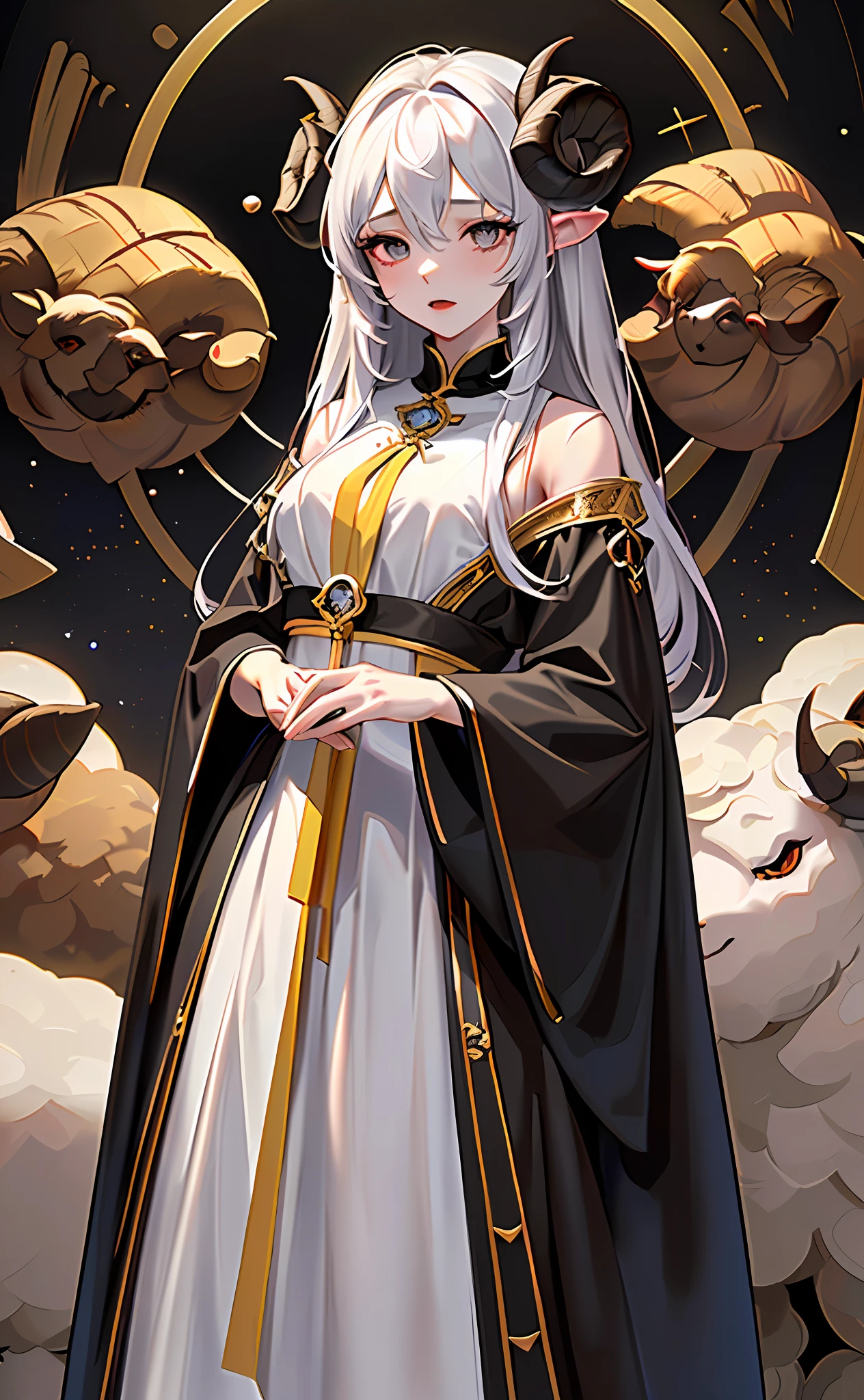 (Photorealsitic:1.3), masterpiece, top-quality, (intricate detailes:1.2), (landscapes:1.3), beautiful countenance, (Black theme:1.3),
(((1girl in、Girl in priestly clothes、(Take a look at Veiwer:1.3).((Brown sheep horns))、)))、Split in half、Detailed pupils、Drawn eyes、((((The universe in the eye))))、
