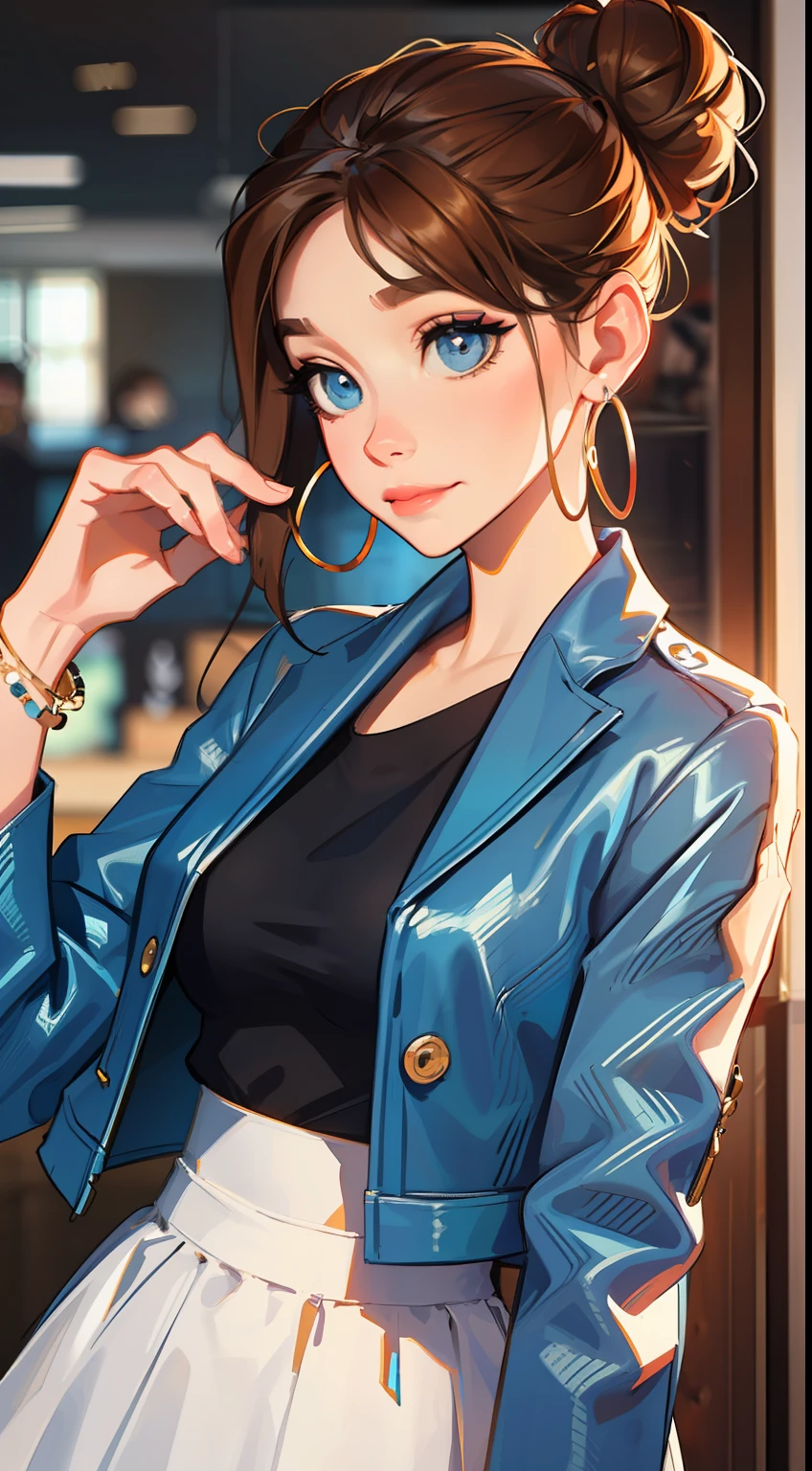 The environment is blurry and elegant, Model, High contrast required, jewels, earings, Upskirt, Shirt, jacket, brown hair, white  shirt, A bracelet, hair bun, single hair bun, long skirt, closed mouth, Hoop earrings, blue jacket, sleeves rolled up, Revealing clothes, makeup, white skirt, Detailed hair, very detailed eyes