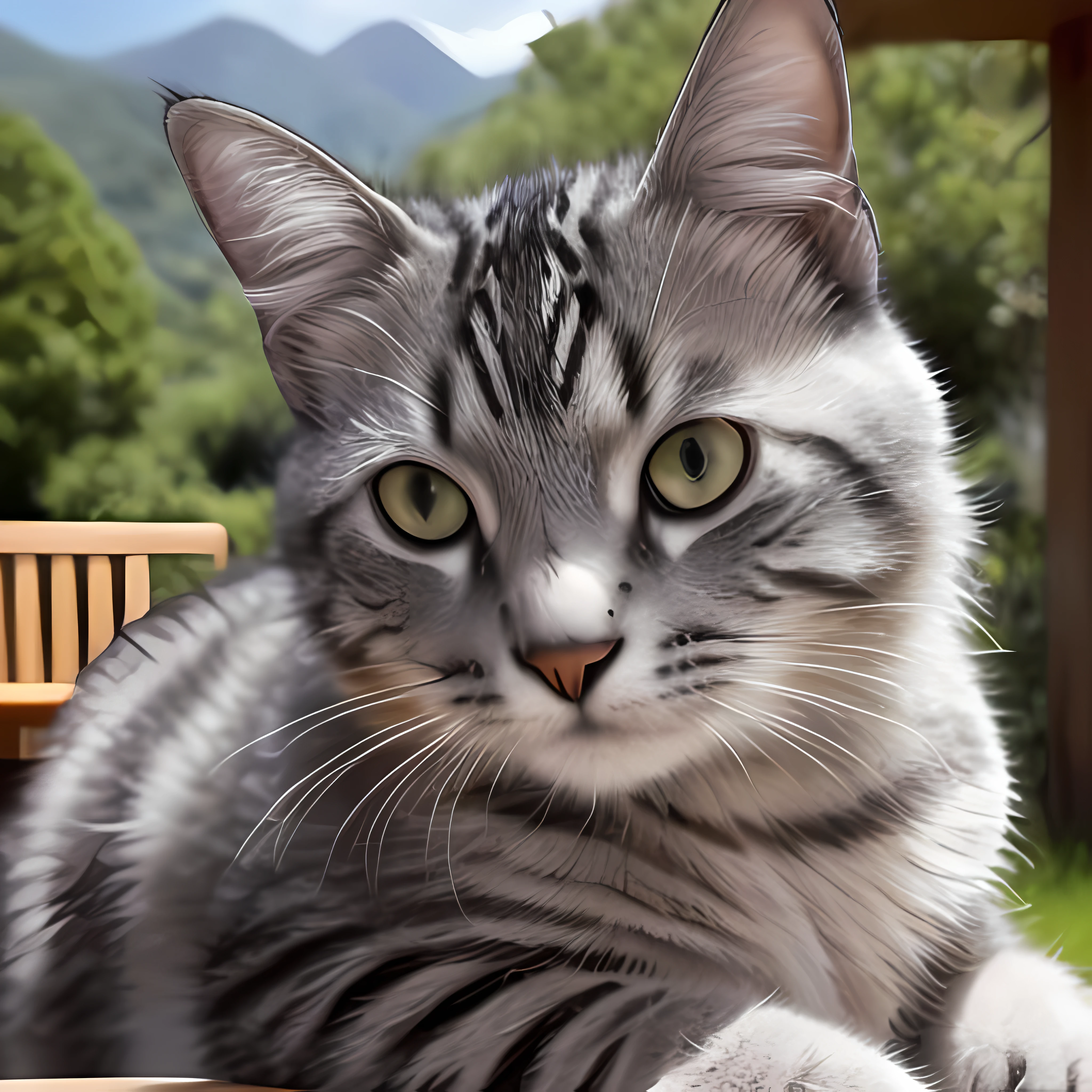 masterpiece, best quality, realistic, arcibaldocat, a cat sitting on a table, perfect eyes, upper body, sky background, mountains, trees, bloom, extremely detailed, cinematic lighting, (4k, hyper detailed), Global Illumination, (film grain:0.9), cute, best quality, DSLR, 24 Megapixels, Full Frame, , intense angle, masterpiece, portrait wallpaper