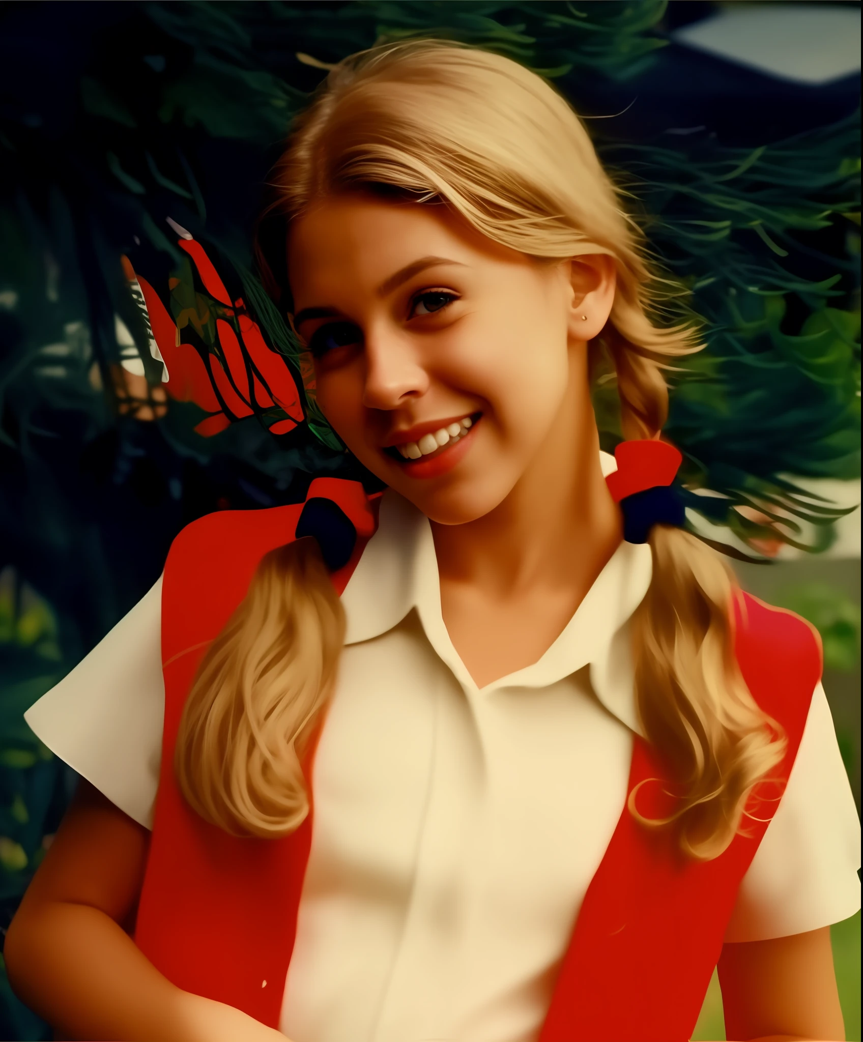There's a young woman in a red vest and a white shirt, Jovem Scarlett Johansson, Annabeth Chase, Annasophia Robb, lindsey olhar, a jovem Carrie Fisher, menina da escola, linda jovem alison brie, Dia de Corinne, filme de alta qualidade ainda, Sandra, clear sharp todd solondz face, Annasophia Robb como Joana D'Arc, Taylor Swift como um menino